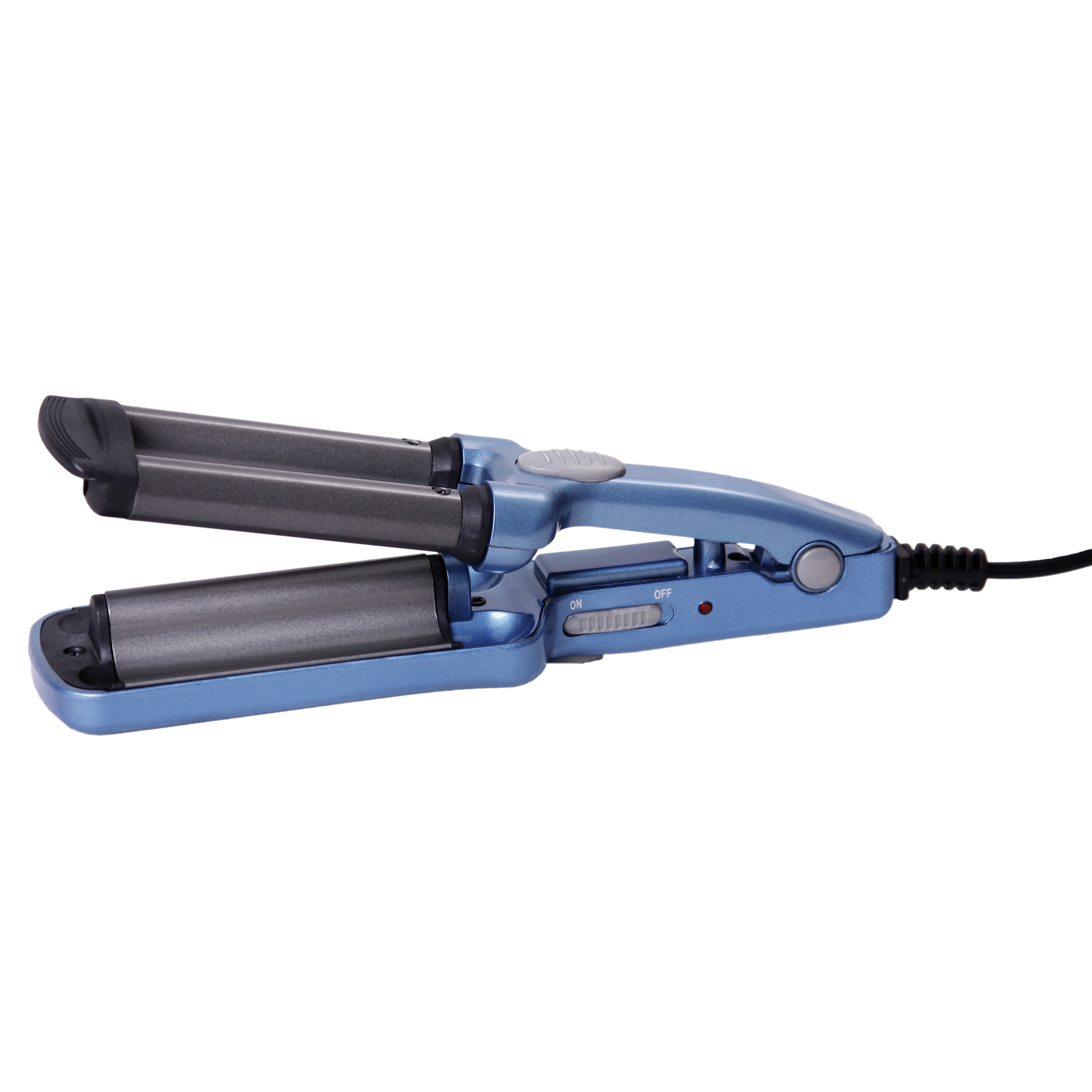 Niebieska karbownica z dwoma falistymi płytkami i czarnym uchwytem.