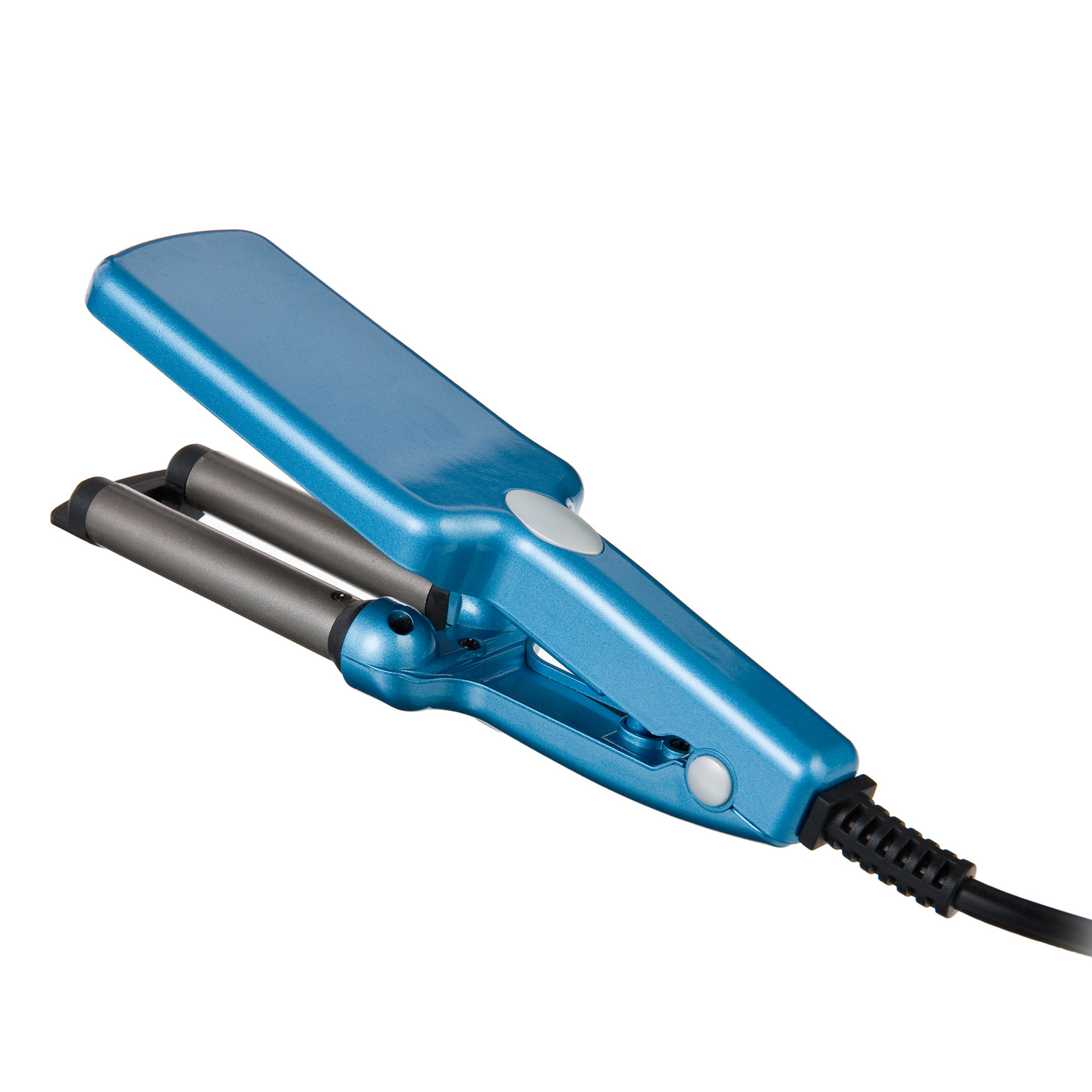 Niebieska karbownica z dwoma podgrzewanymi wałkami i uchwytem.