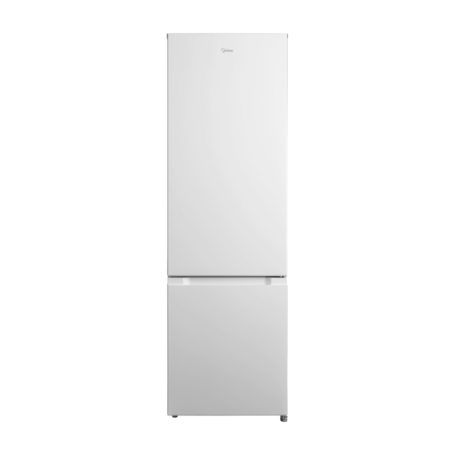 Un refrigerador blanco de dos puertas sobre fondo gris.