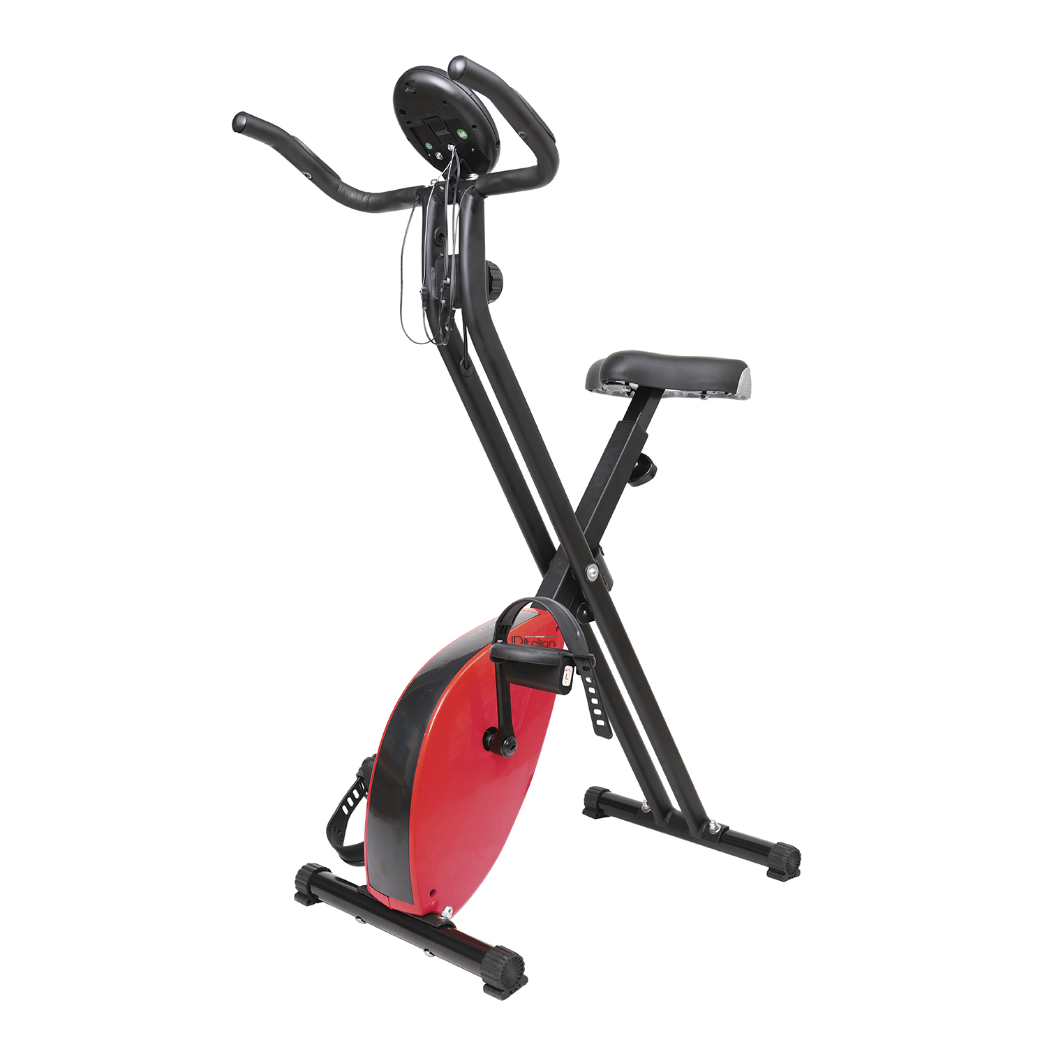 Czerwono-czarny składany rower stacjonarny z srebrnymi pedałami na białym tle.