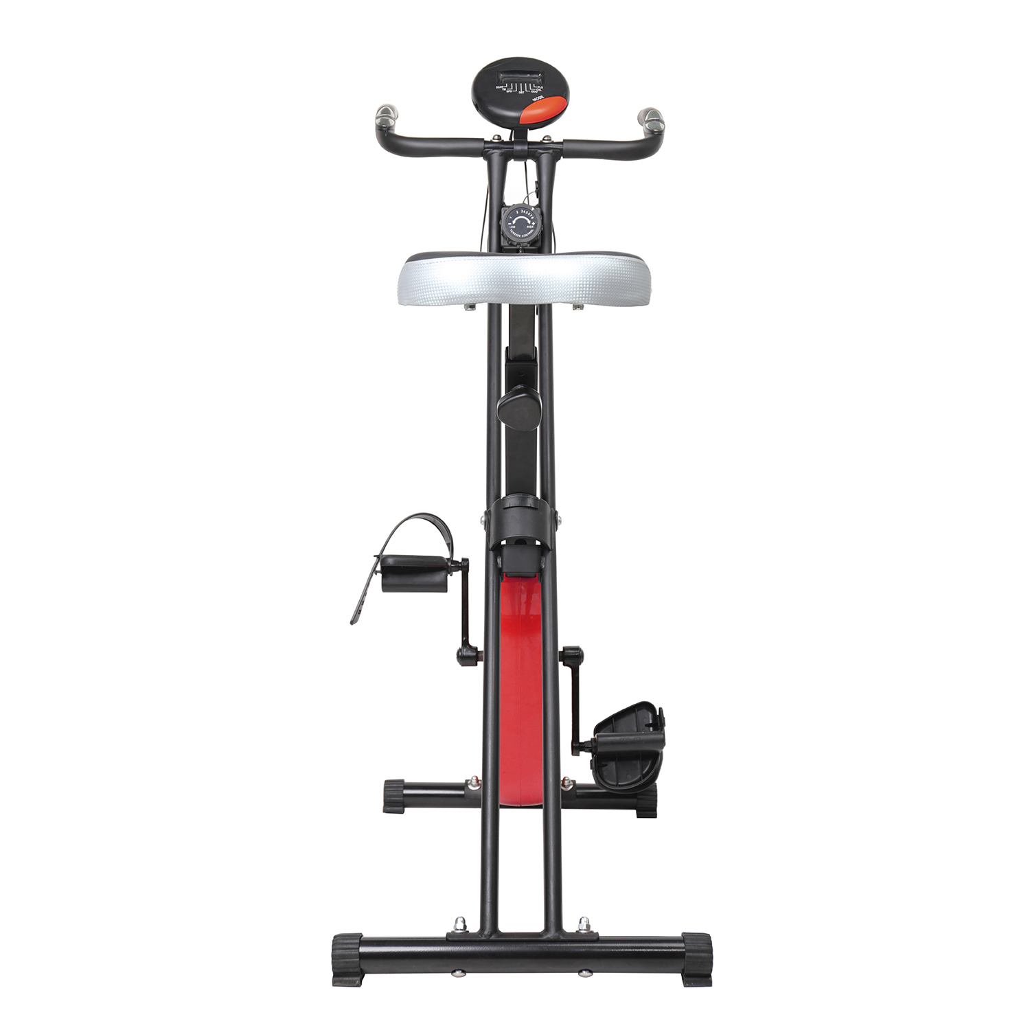 Czarny rower stacjonarny z srebrnym siodełkiem i czerwonym akcentem.