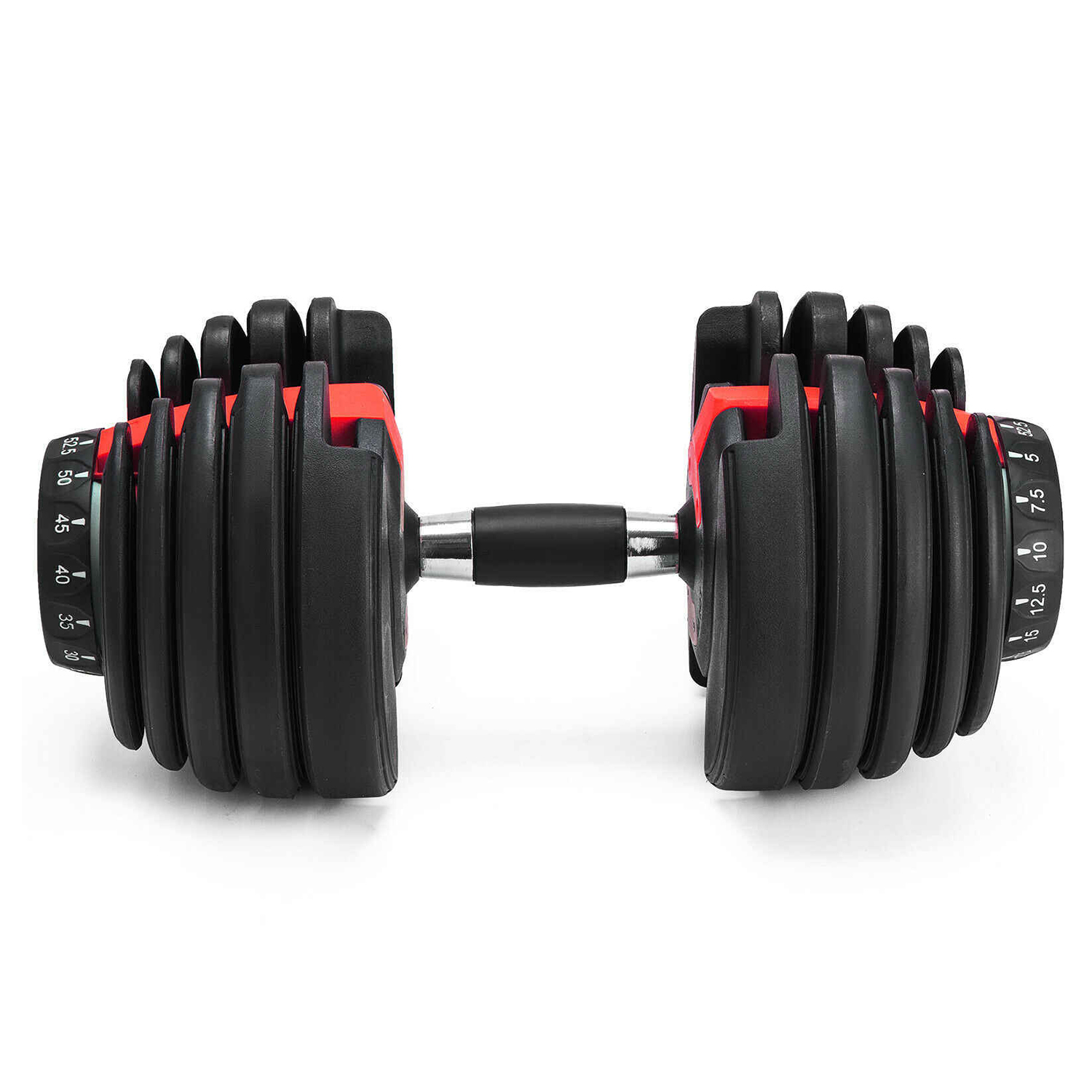 Regulowana hantla z czarnymi obciążnikami i czerwonymi akcentami, na białym tle.
