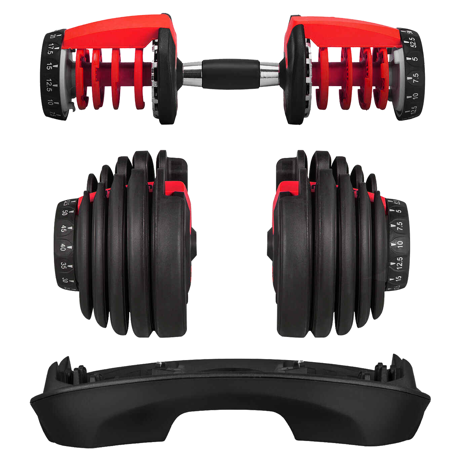 Regulowana hantla z czerwonymi i czarnymi ciężarkami oraz podstawą.