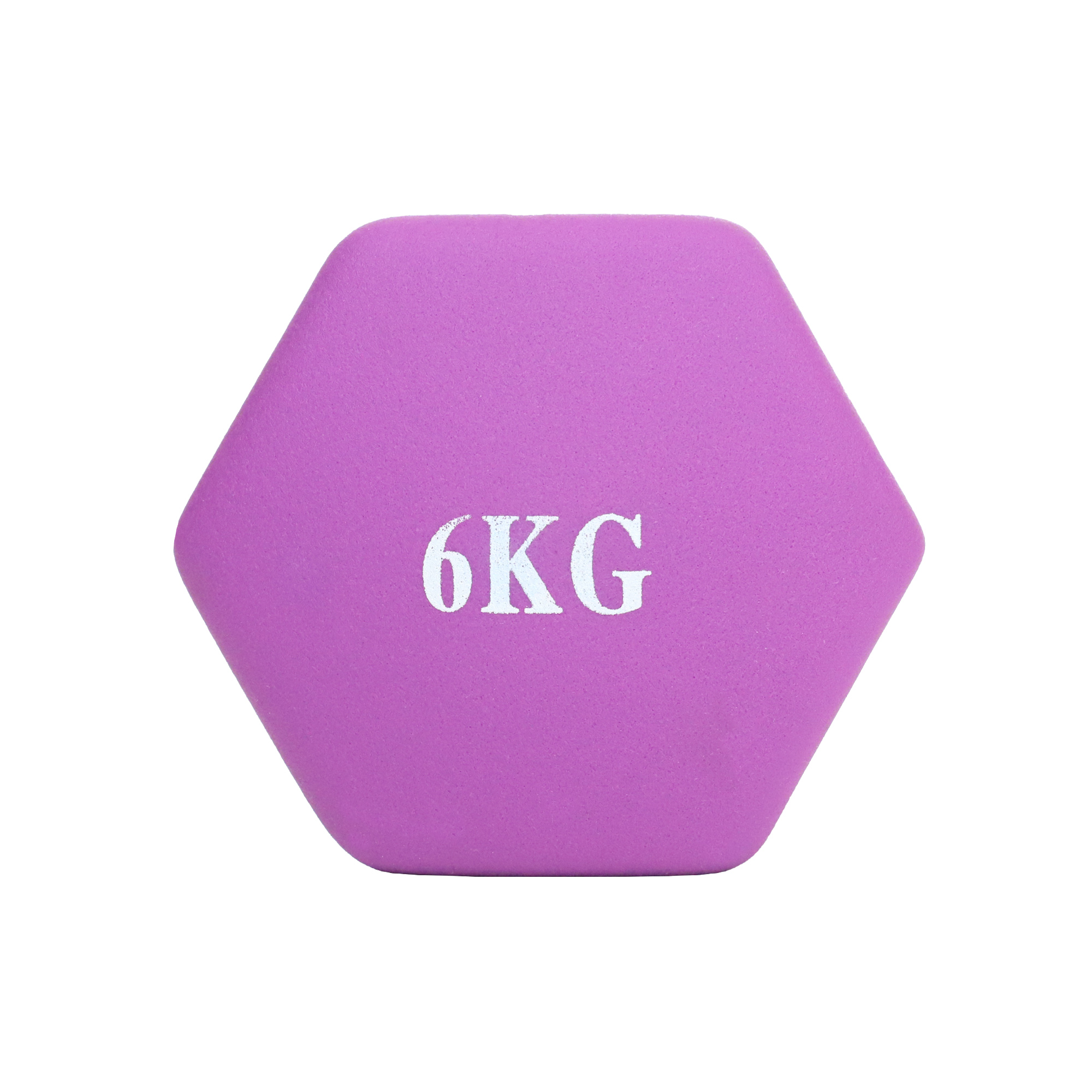 Fioletowy hantel 6KG, sześciokątny, na białym tle.