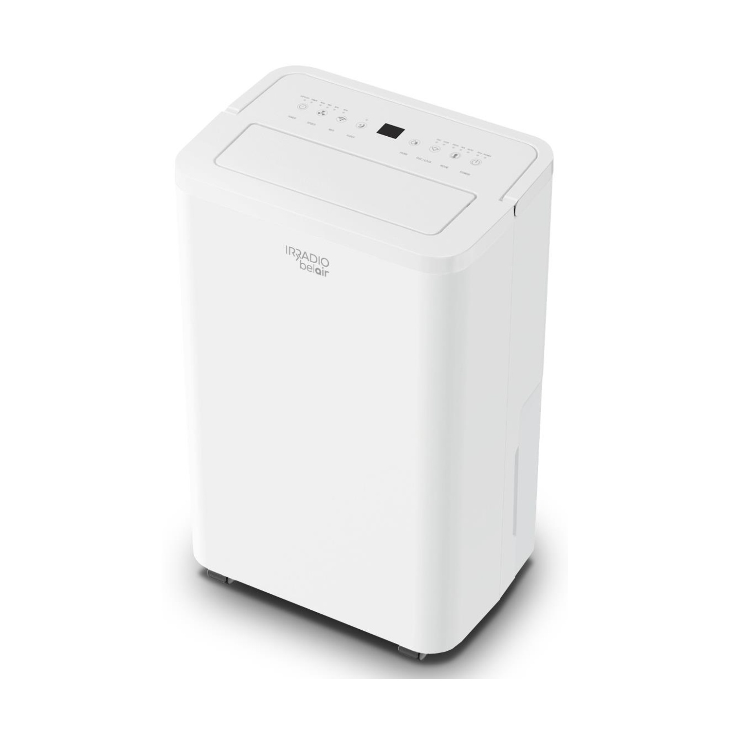 Biały osuszacz powietrza z przyciskami sterującymi i zbiornikiem na wodę.