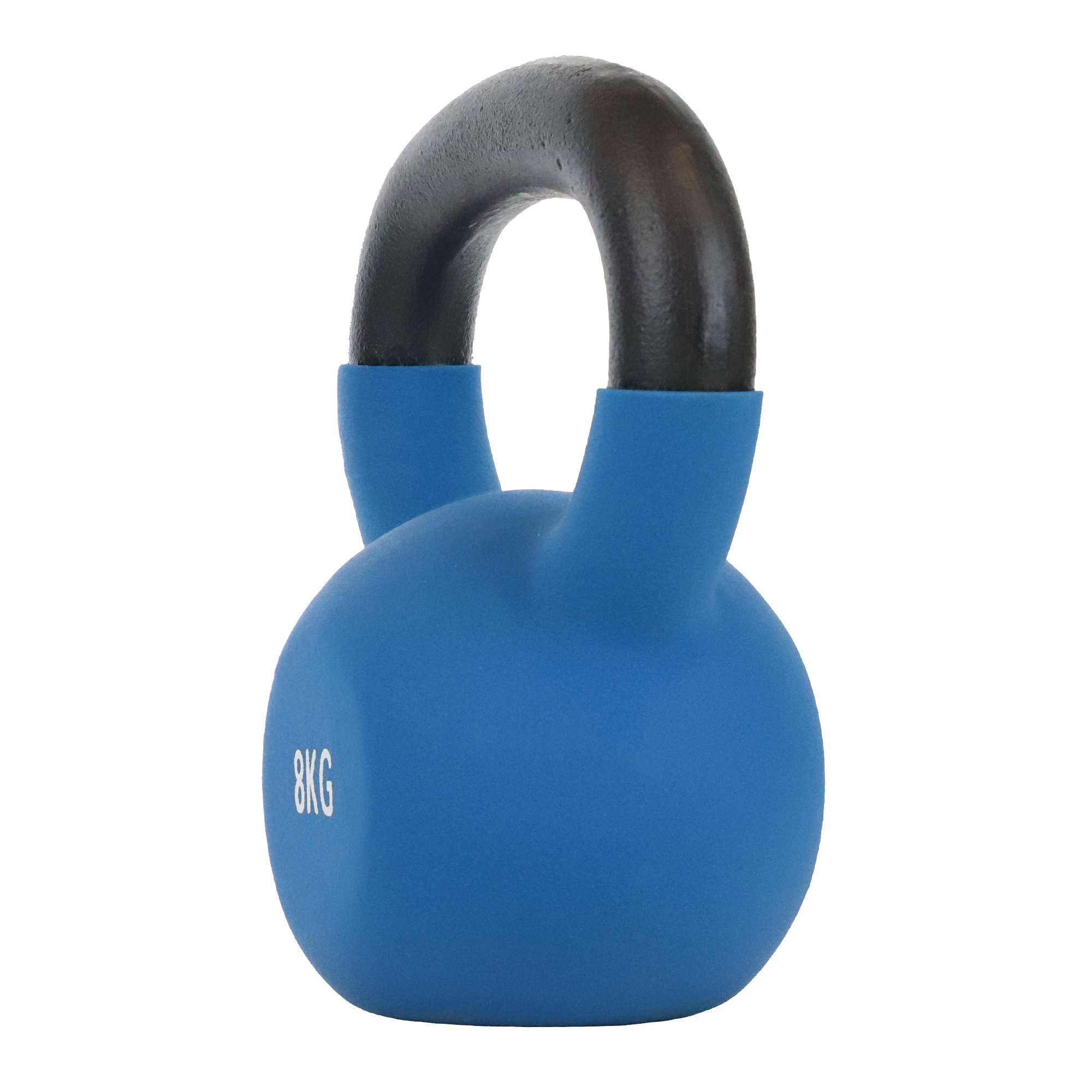 Niebieski kettlebell 8kg z czarnym uchwytem, na białym tle.