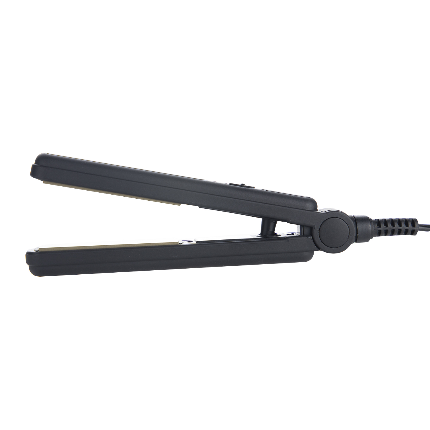 Czarna prostownica z otwartymi płytkami grzewczymi i kablem.