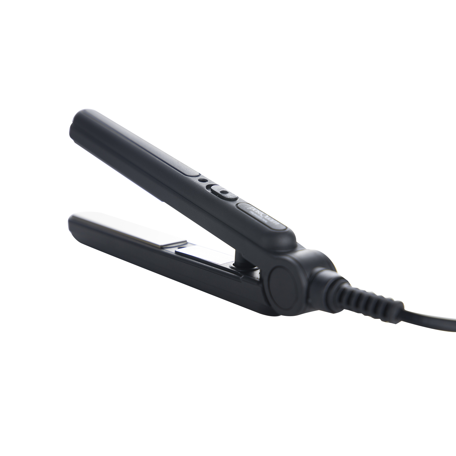 Czarna, otwarta prostownica z kablem i przyciskami na białym tle.