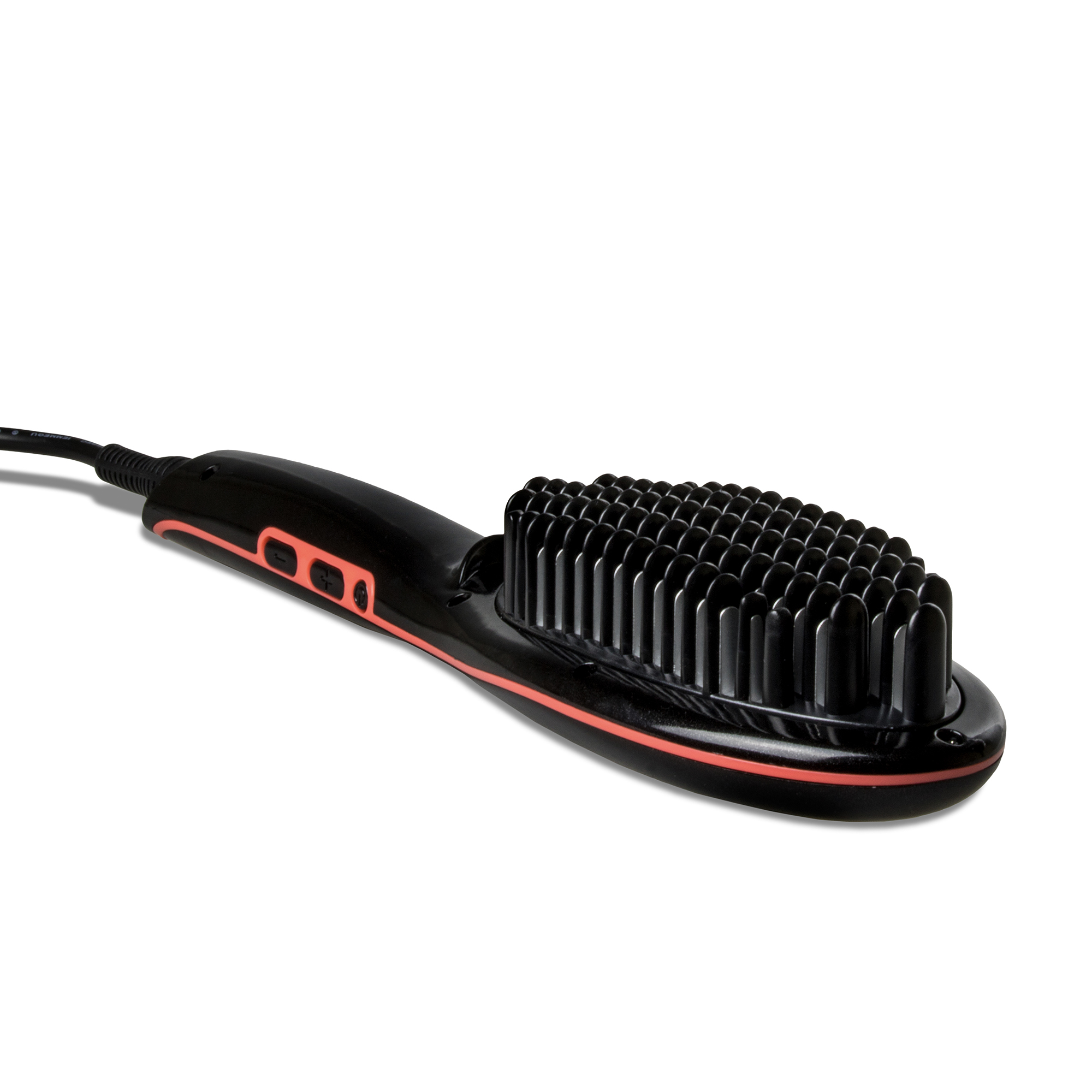 Czarna szczotka do prostowania włosów z czerwonymi akcentami na białym tle.