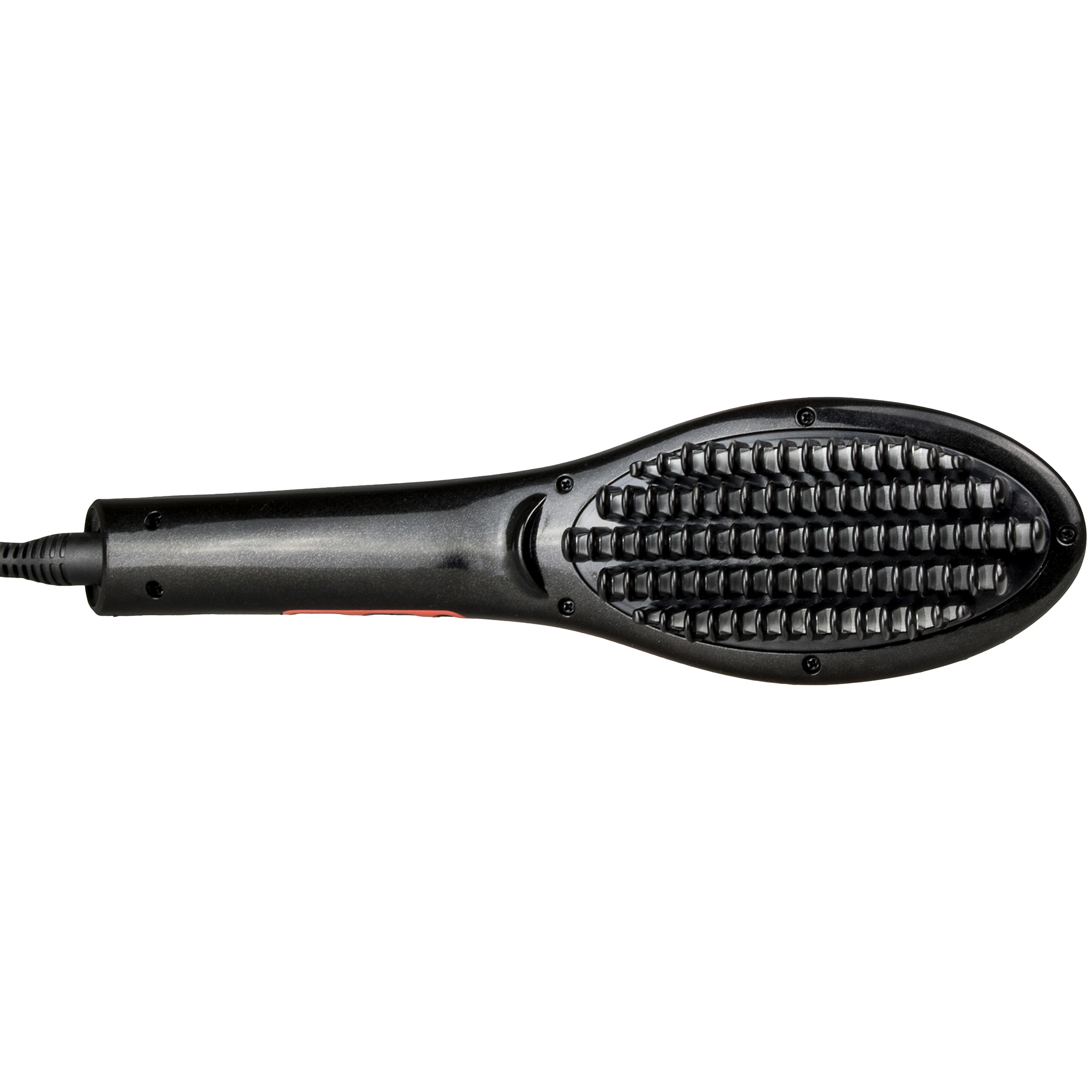 Czarna, owalna szczotka do prostowania włosów z podgrzewanymi elementami i uchwytem.