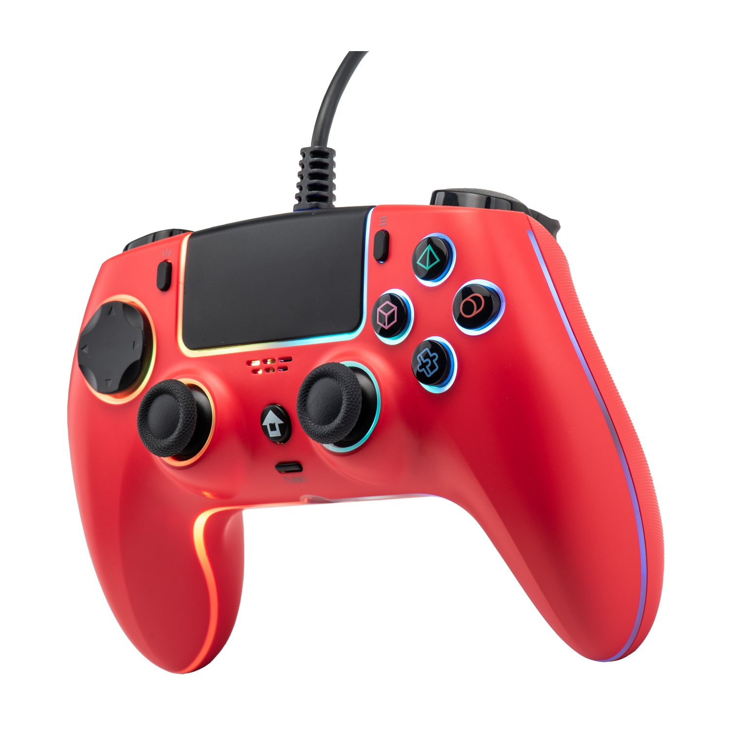 Un controller da gioco rosso con accenti luminosi e cavo nero.
