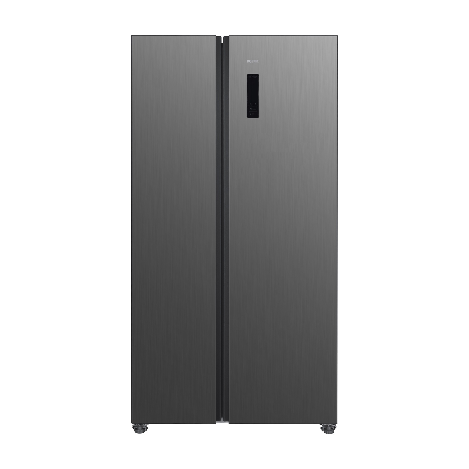Ein moderner, grauer Kühlschrank mit zwei Türen und einem digitalen Display.
