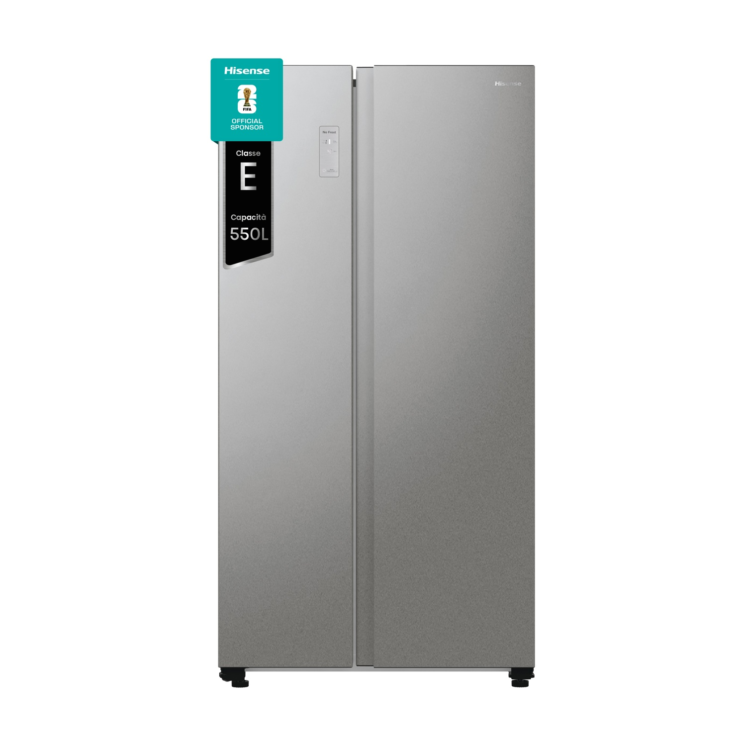 Grauer Hisense-Kühlschrank mit zwei Türen und Energieeffizienzklasse E.