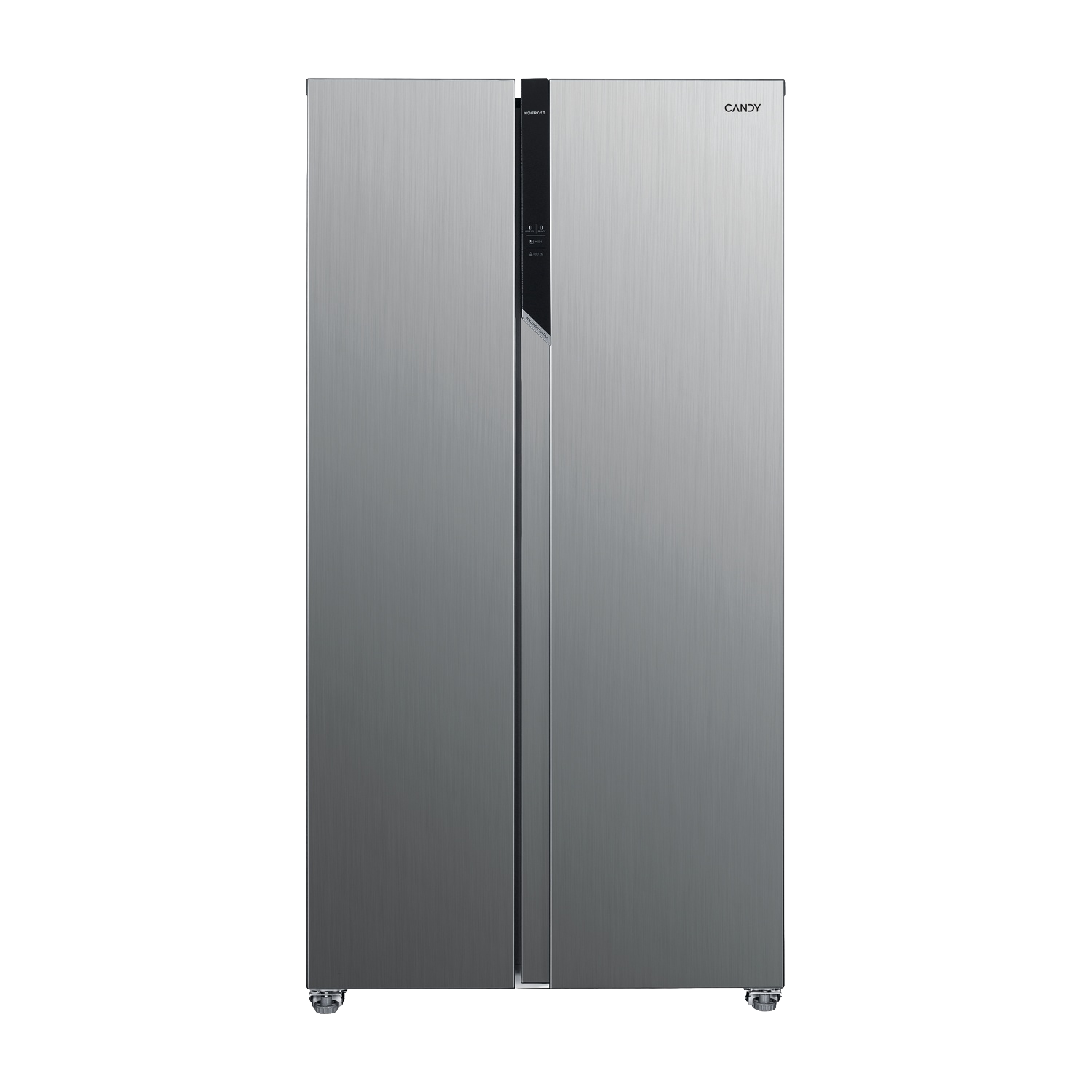 Ein silberner Side-by-Side-Kühlschrank mit digitalem Display und silbernen Griffen.