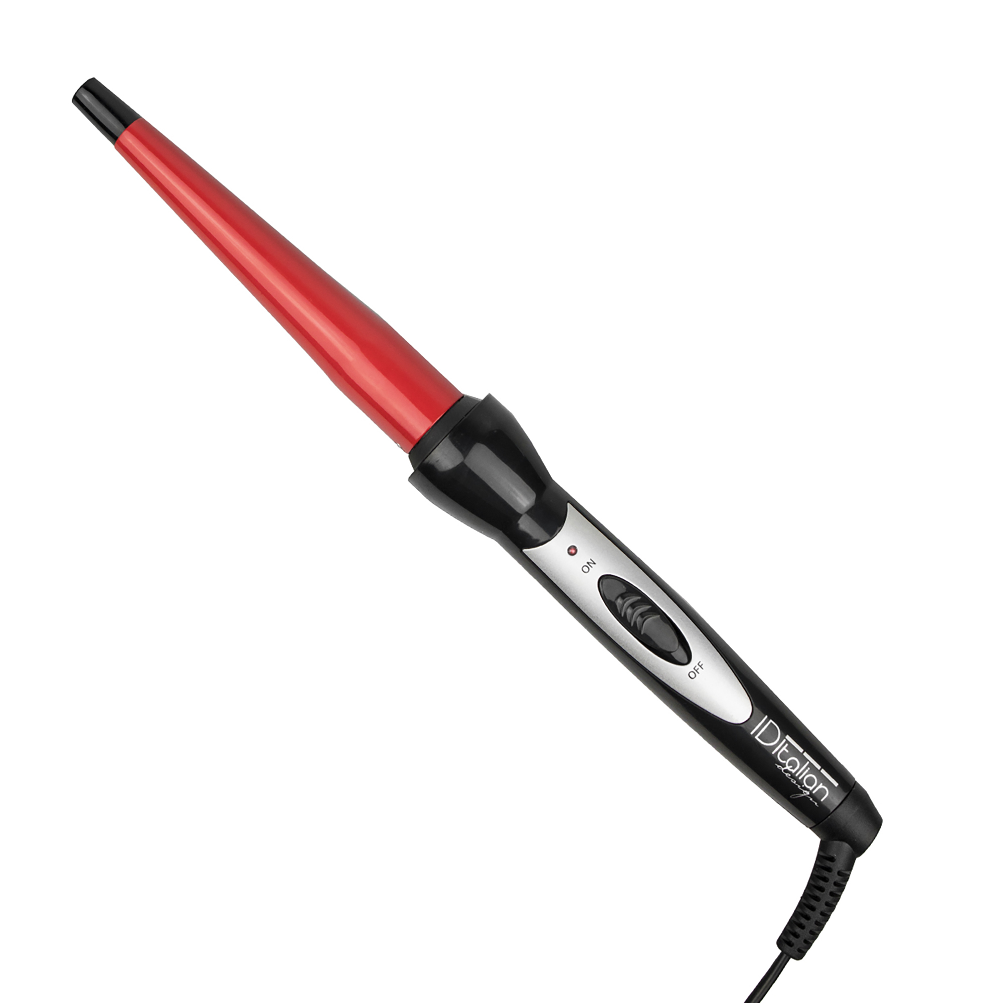 Czerwona stożkowa lokówka z czarnym uchwytem i przełącznikiem.