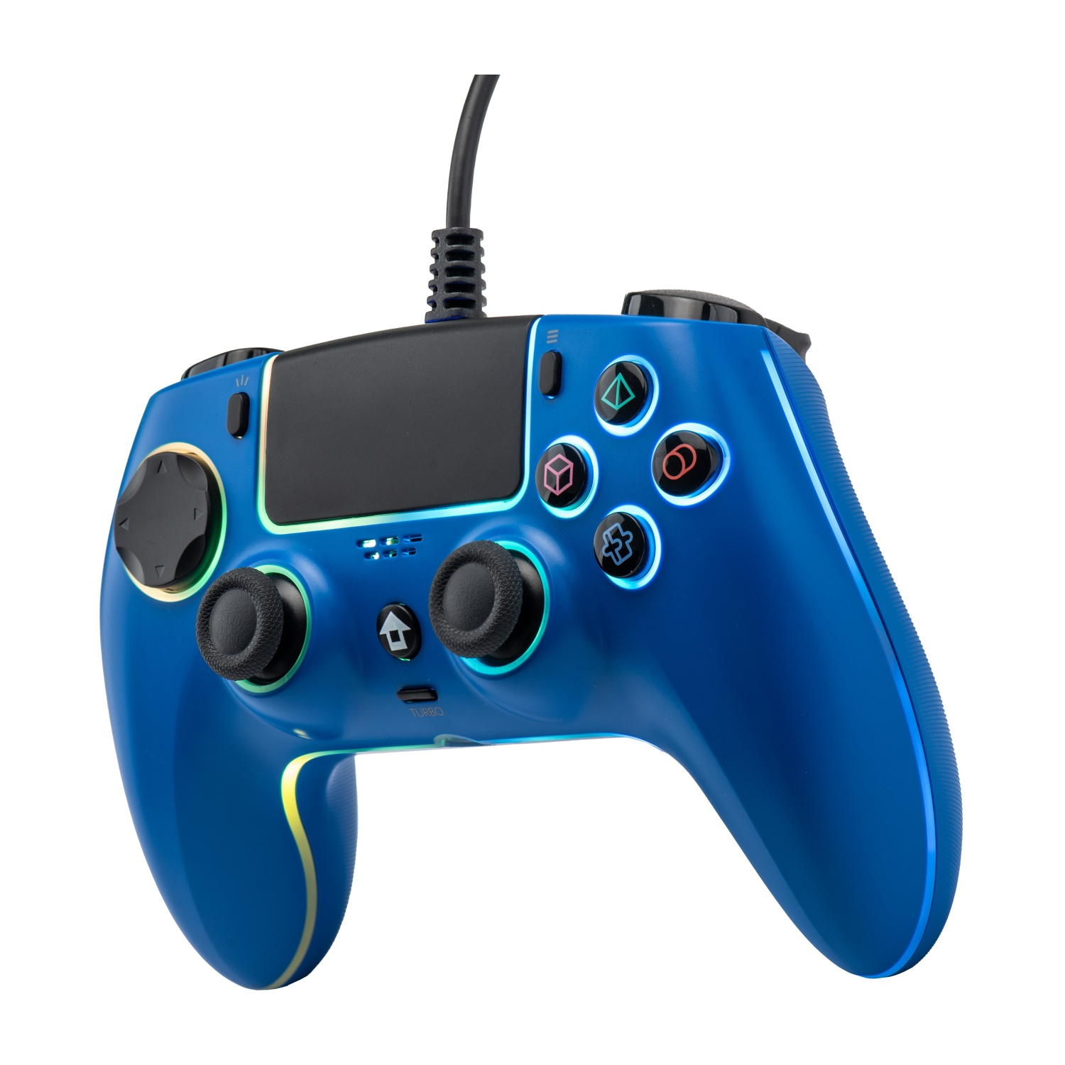 Controller da gioco blu con pulsanti illuminati e cavo.