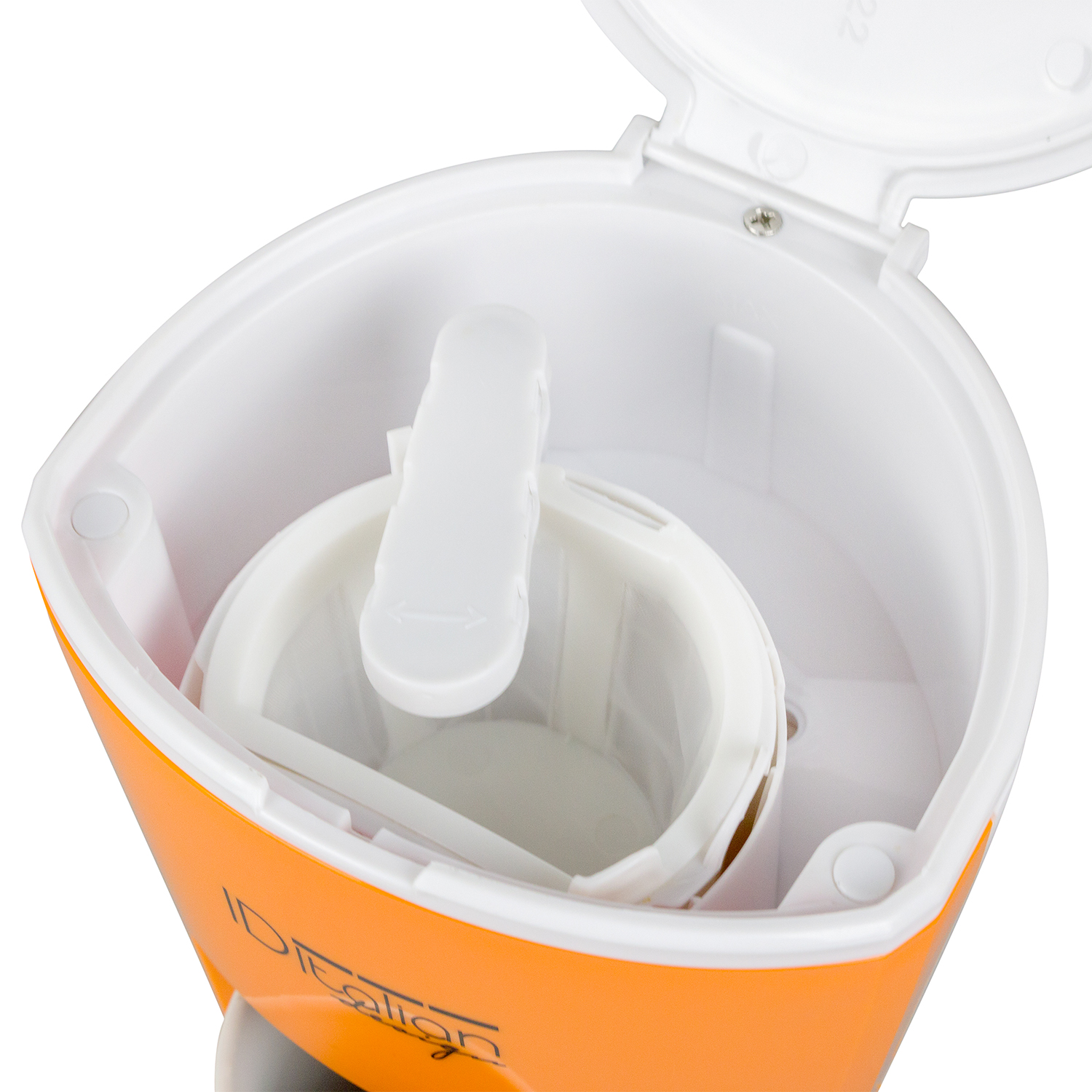 Pomarańczowy pojemnik z otwartą pokrywą i białym wkładem w środku.