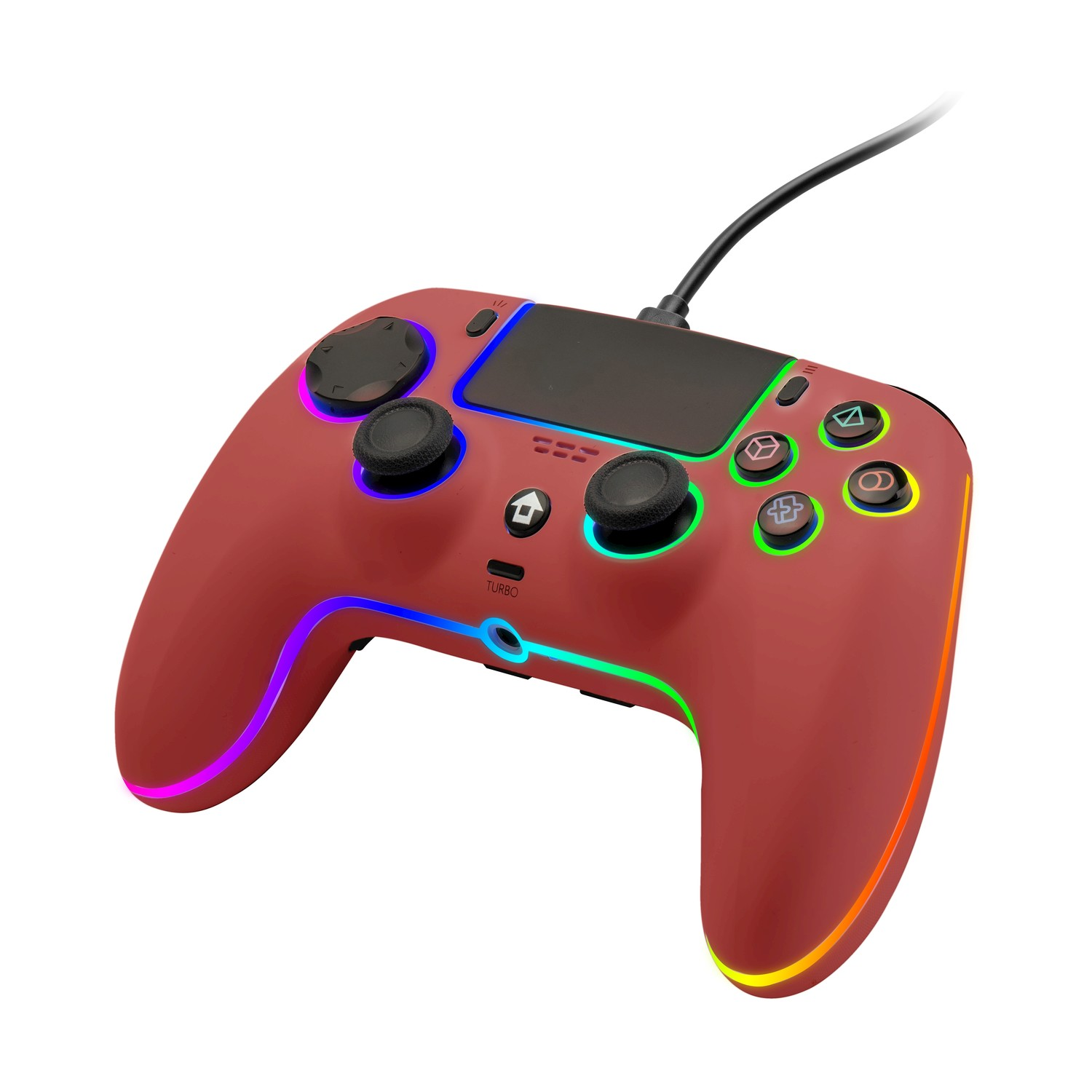 Un controller da gioco rosso con accenti luminosi e un cavo.