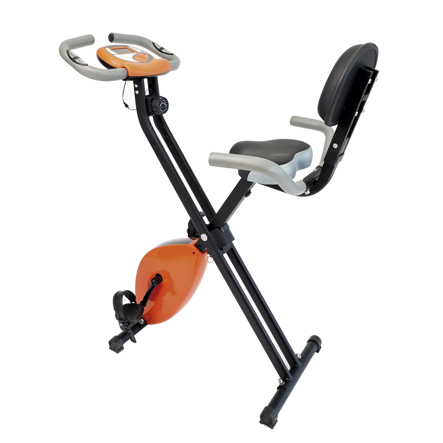 Pomarańczowy i czarny składany rower treningowy z siedzeniem i kierownicą.
