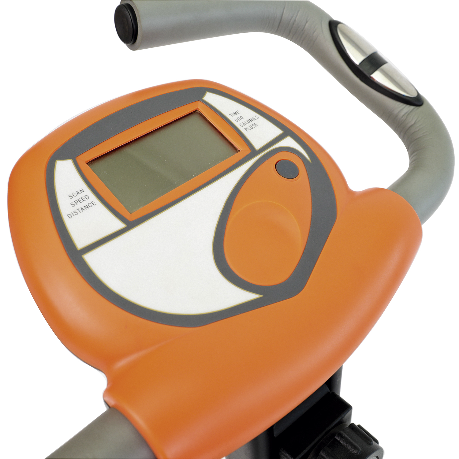 Zbliżenie pomarańczowej konsoli roweru treningowego z cyfrowym ekranem i szarymi kierownicami.