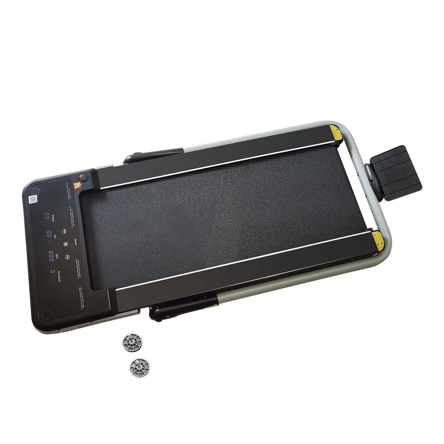 Kompaktowa bieżnia z czarnym pasem i cyfrowym wyświetlaczem.