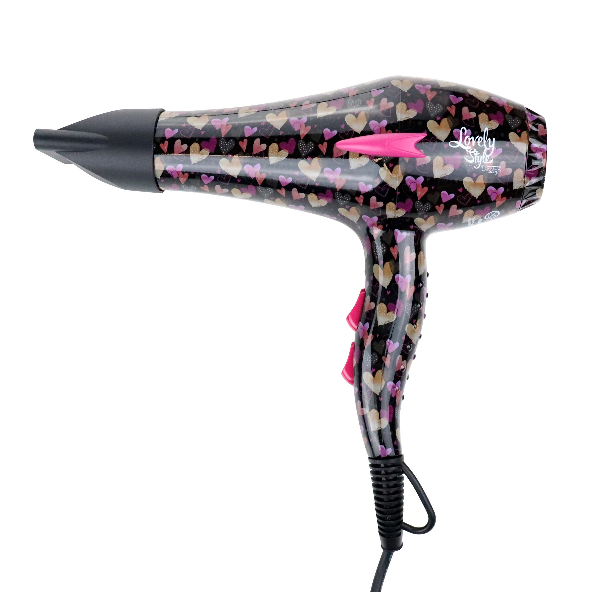 Czarna suszarka do włosów ze wzorem serc i różowymi przyciskami.