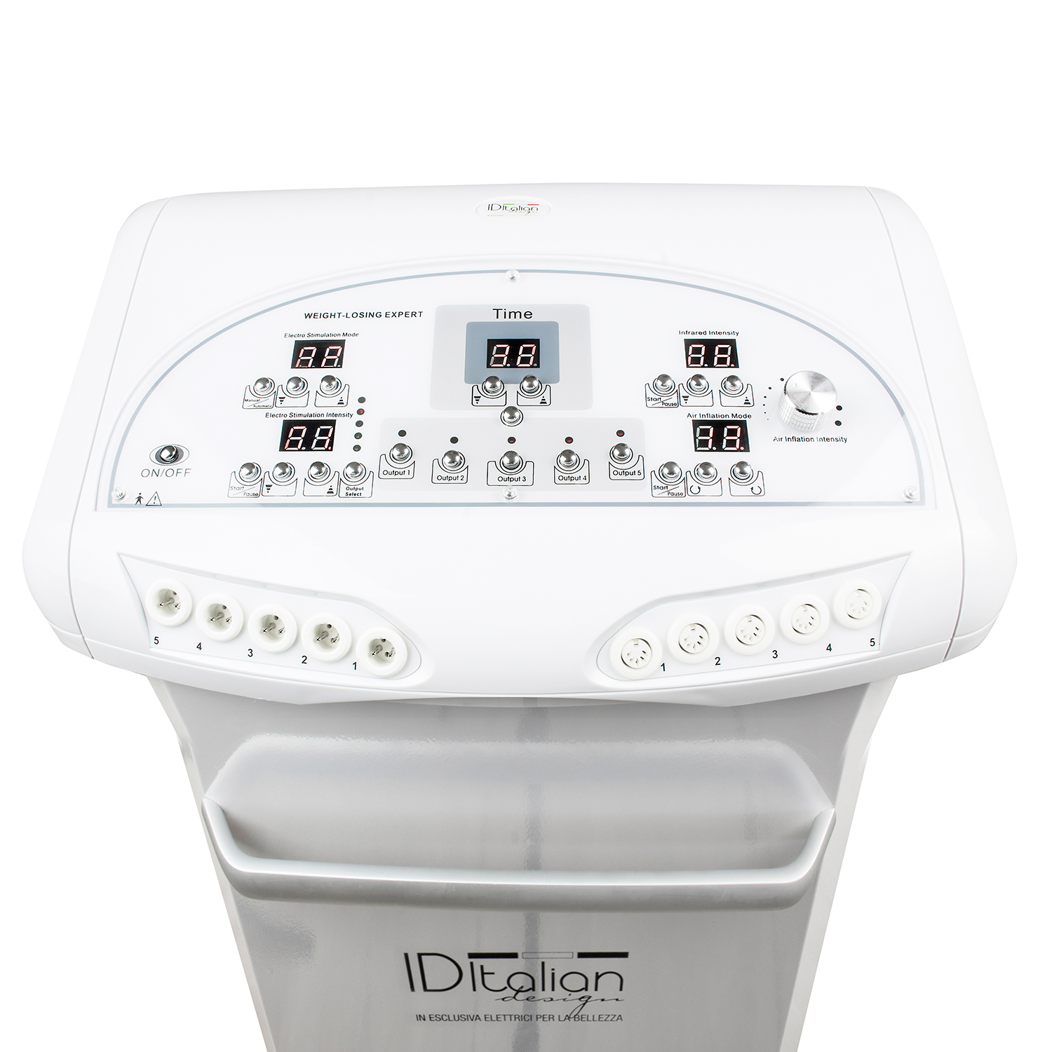 Białe urządzenie z cyfrowymi wyświetlaczami, przyciskami i portami do zabiegów kosmetycznych.