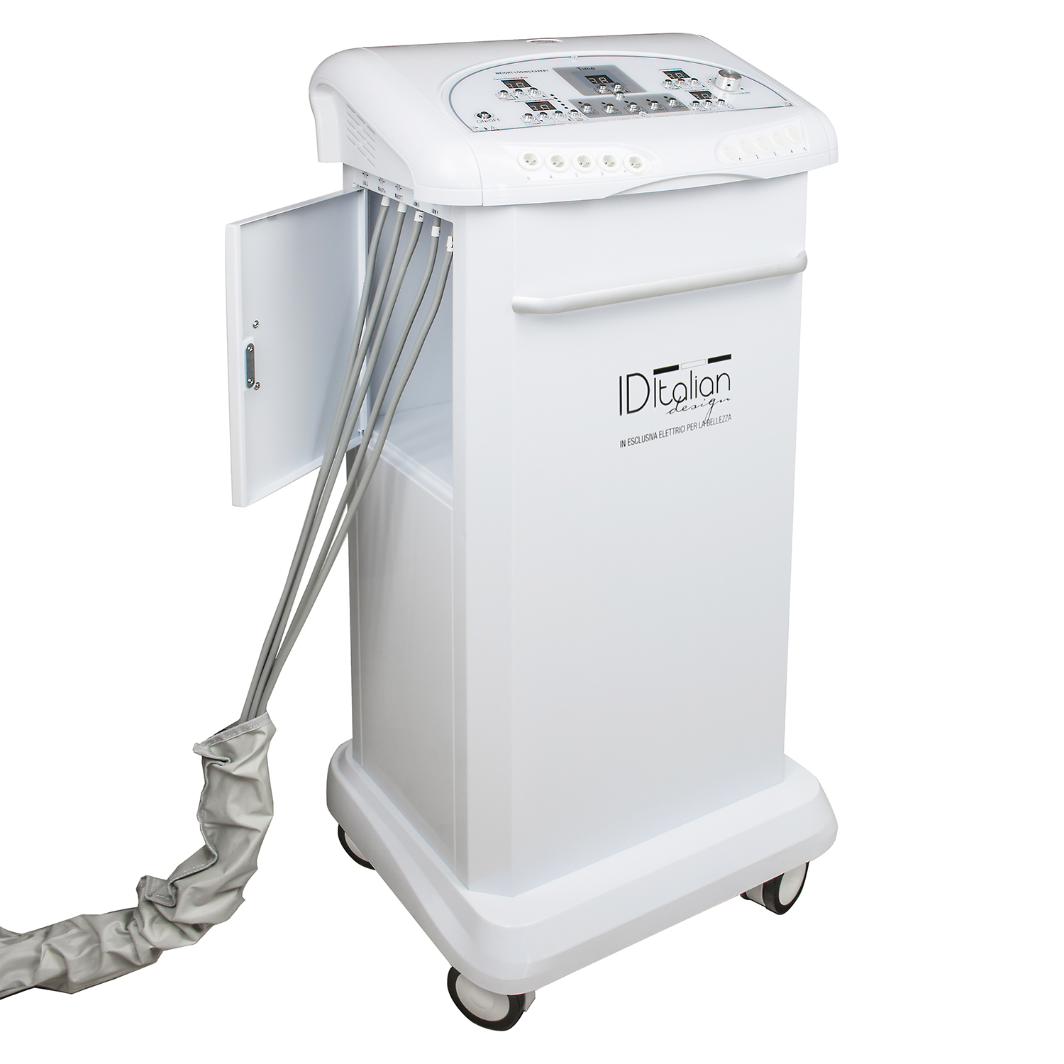 Białe urządzenie medyczne z wężami, stojące na kółkach.