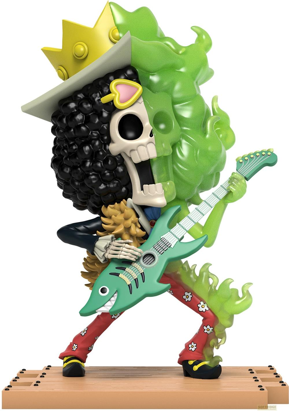 Figura scheletrica con corona suona chitarra verde, indossa pantaloni colorati.