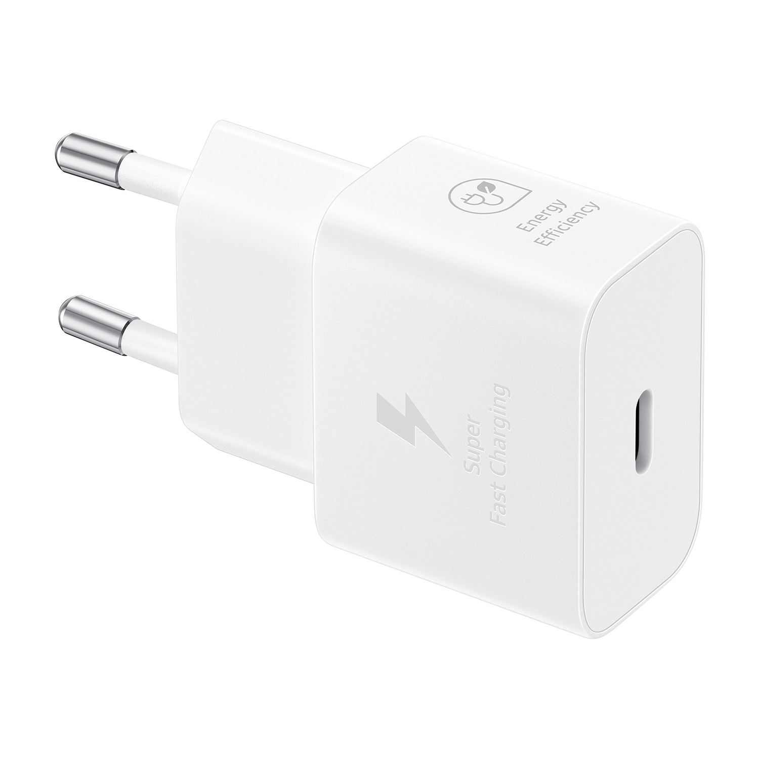 Caricabatterie bianco con due pin e porta USB-C. Mostra "Super Fast Charging".