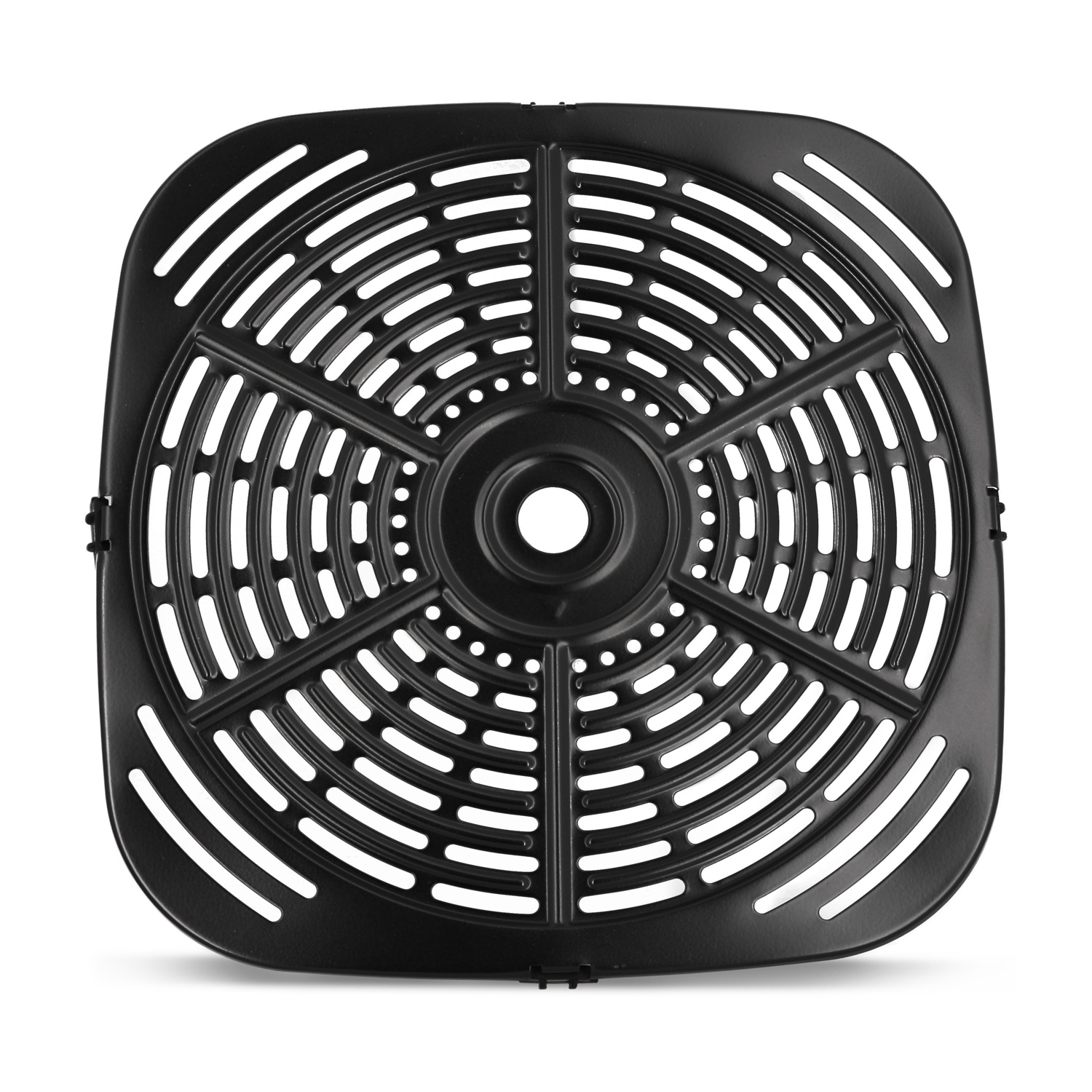 Griglia rotonda nera per friggitrice ad aria con fessure.