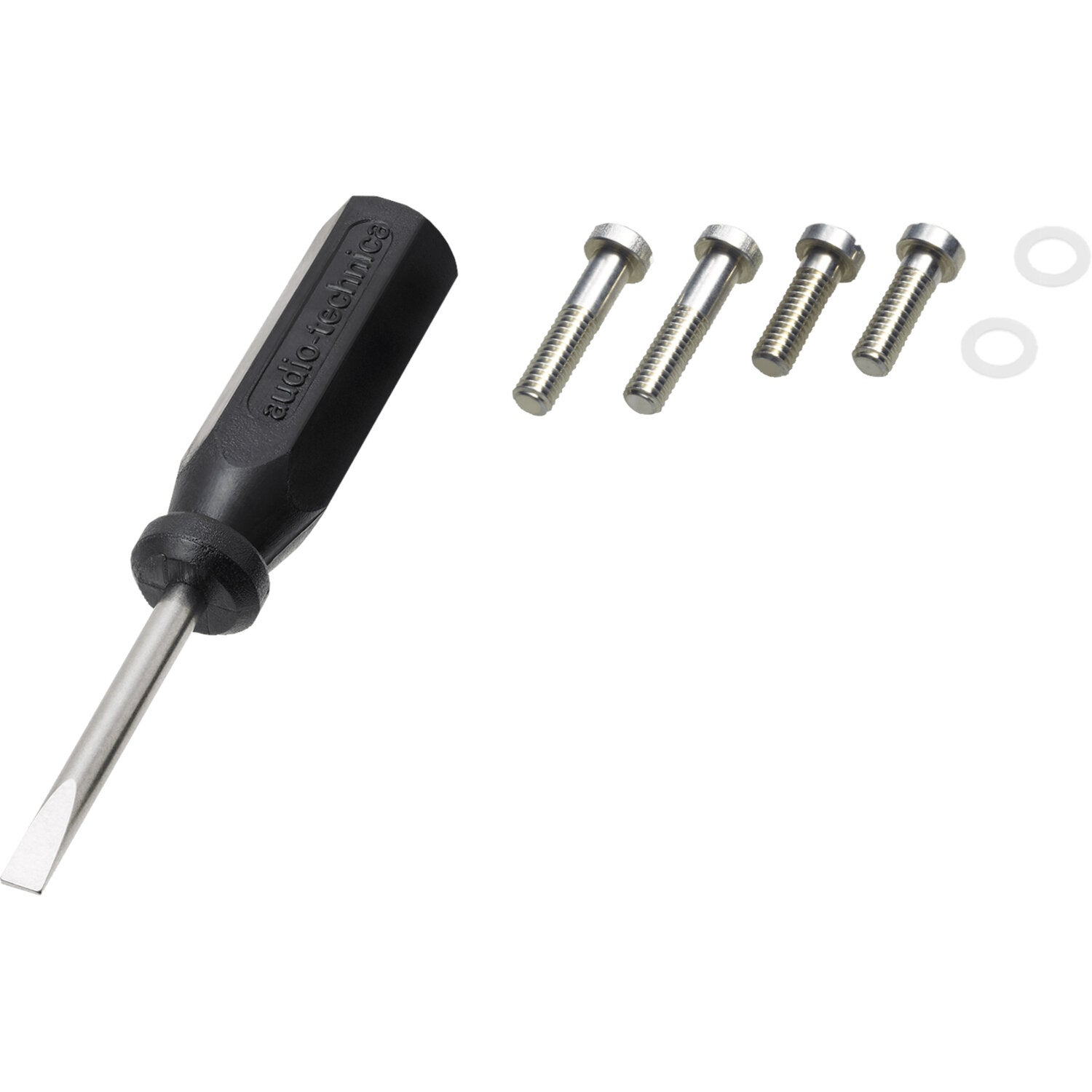 Płaski śrubokręt z czarną rączką, obok czterech śrub i podkładek.