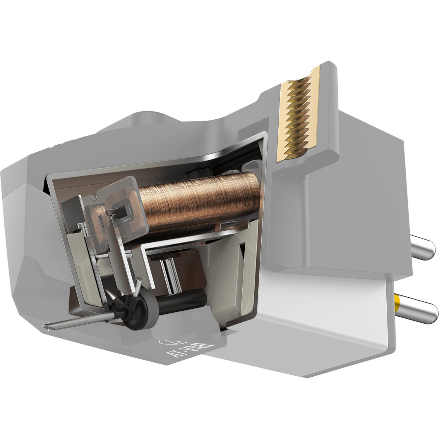 Widok przekroju wkładki z miedzianą cewką i igłą.