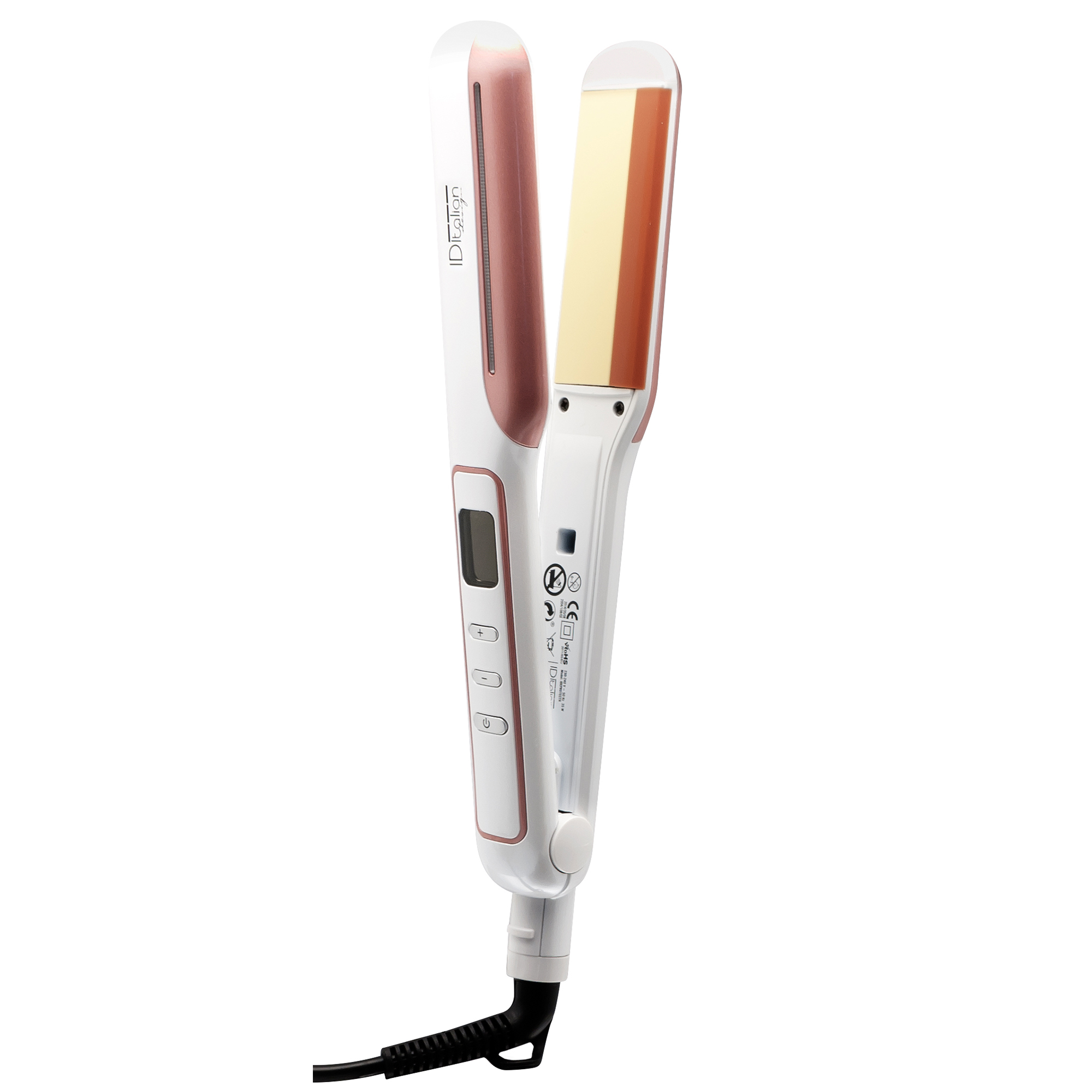 Biała prostownica z akcentami w kolorze różowego złota i trzema płytkami grzewczymi.