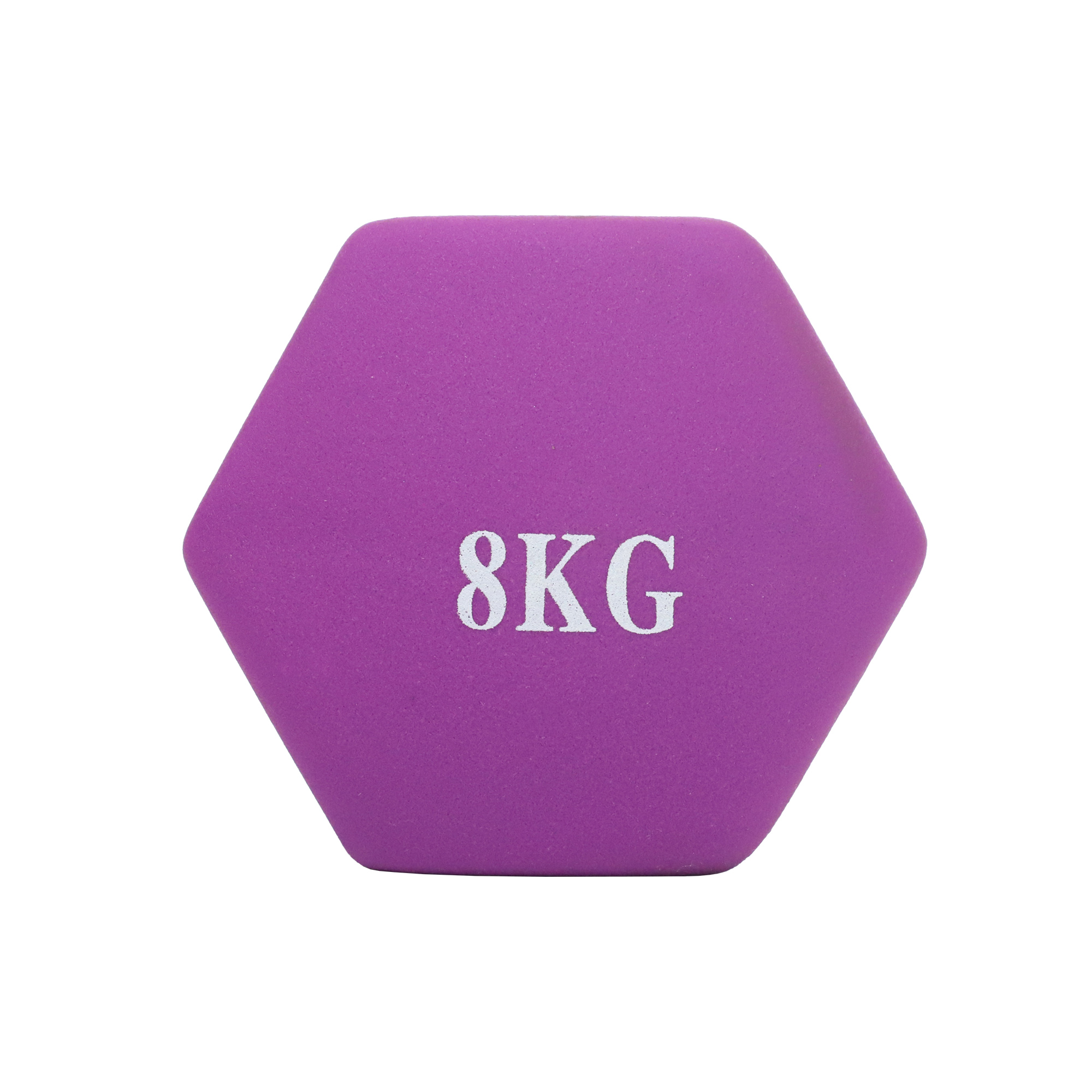 Fioletowy sześciokątny hantel z napisem 8KG na białym tle.