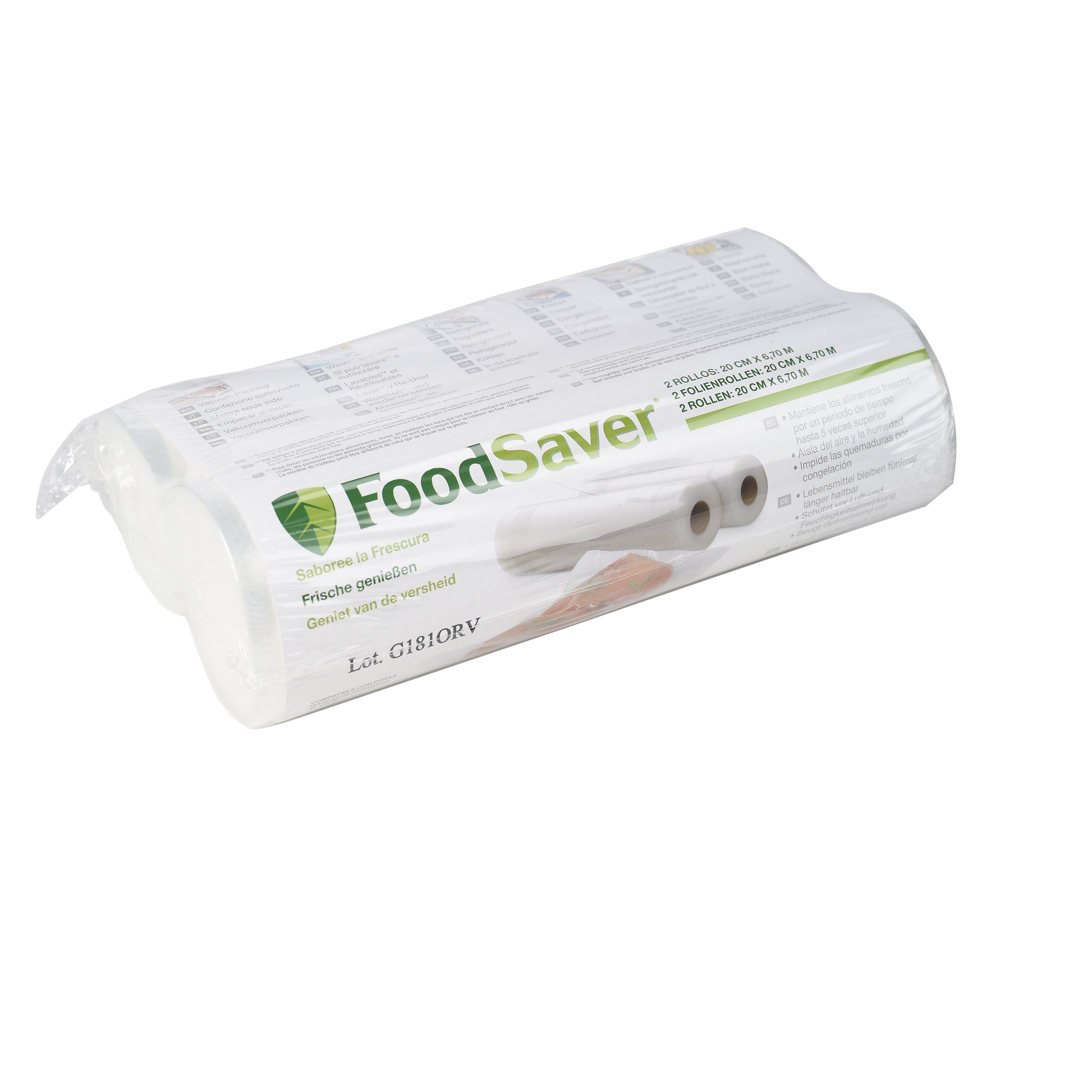 Deux rouleaux de sacs sous vide FoodSaver, 20 cm x 6,70 m.