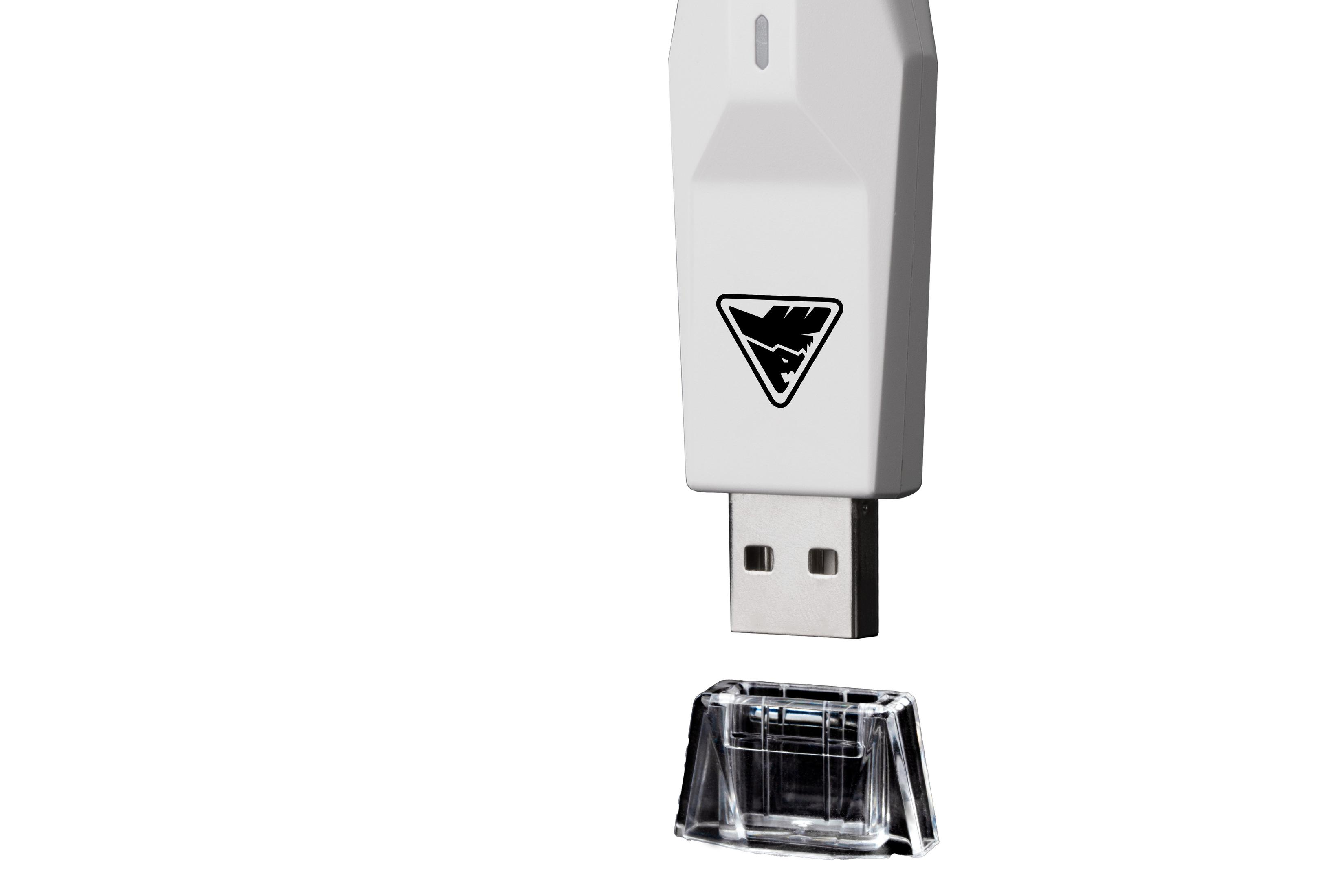 Weißer USB-Stick mit schwarzem Logo, daneben eine transparente Kappe.
