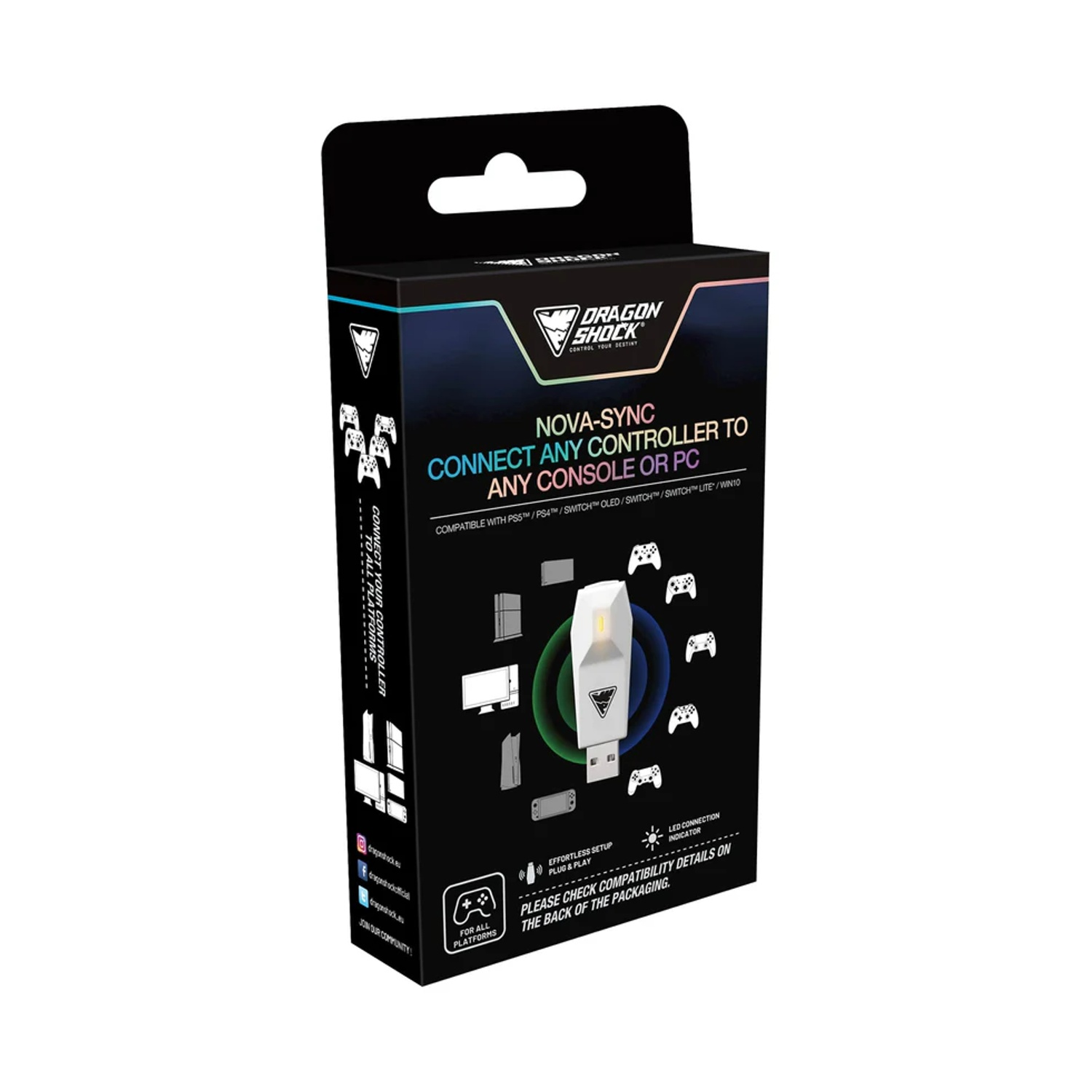 Verpackung für Dragon Shock Nova-Sync Controller-Adapter mit verschiedenen Spielekonsolen.