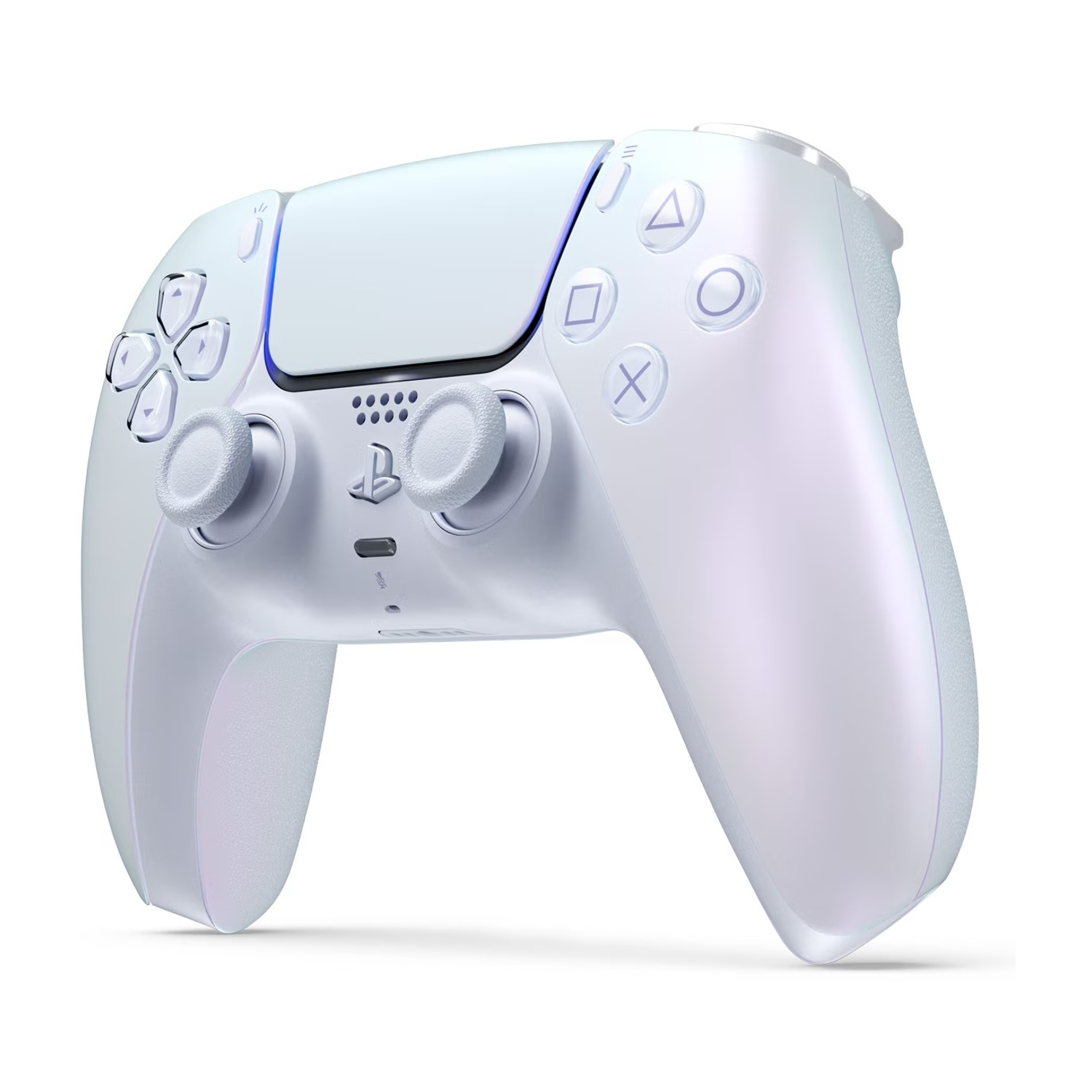 Ein weißer, perlmuttfarbener Controller mit blauen Akzenten auf weißem Hintergrund.