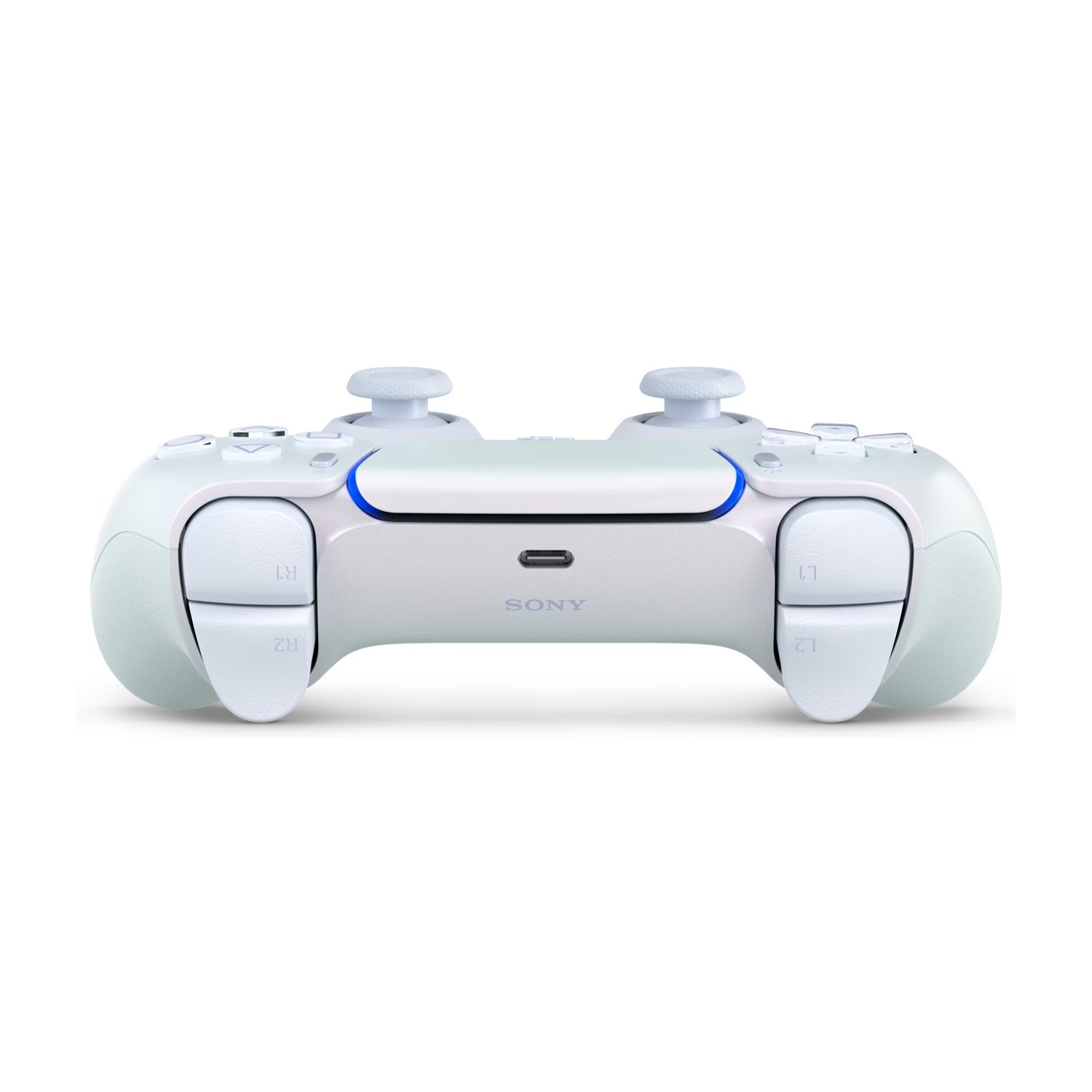 Eine weiße Sony PlayStation 5 DualSense-Controller mit blauen Lichtdetails.