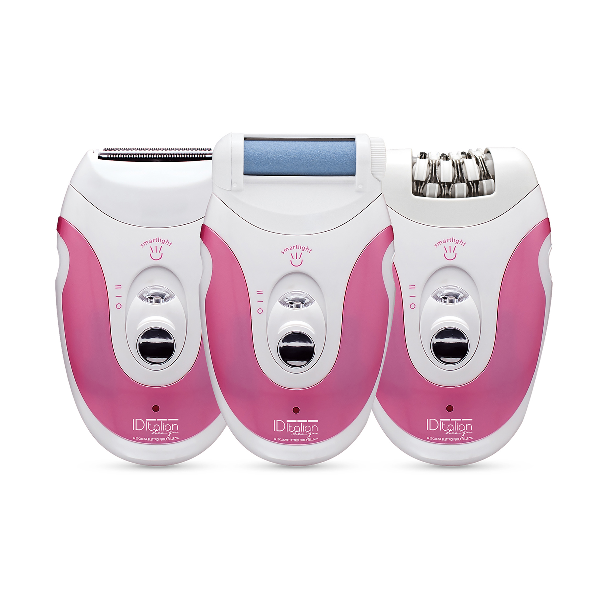 Trzy biało-różowe depilatory ustawione obok siebie na białym tle.