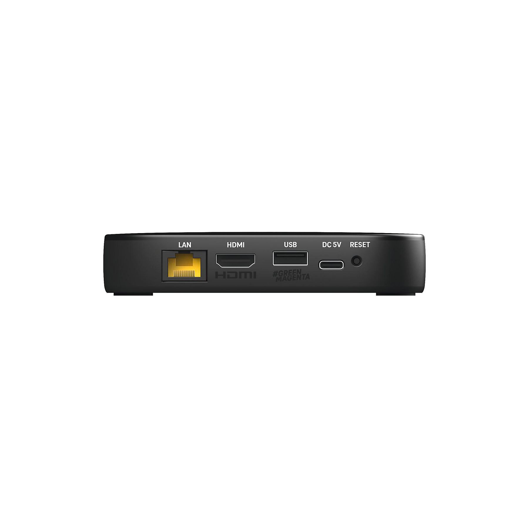 Ein schwarzes elektronisches Gerät mit Anschlüssen: LAN, HDMI, USB, DC 5V und Reset.