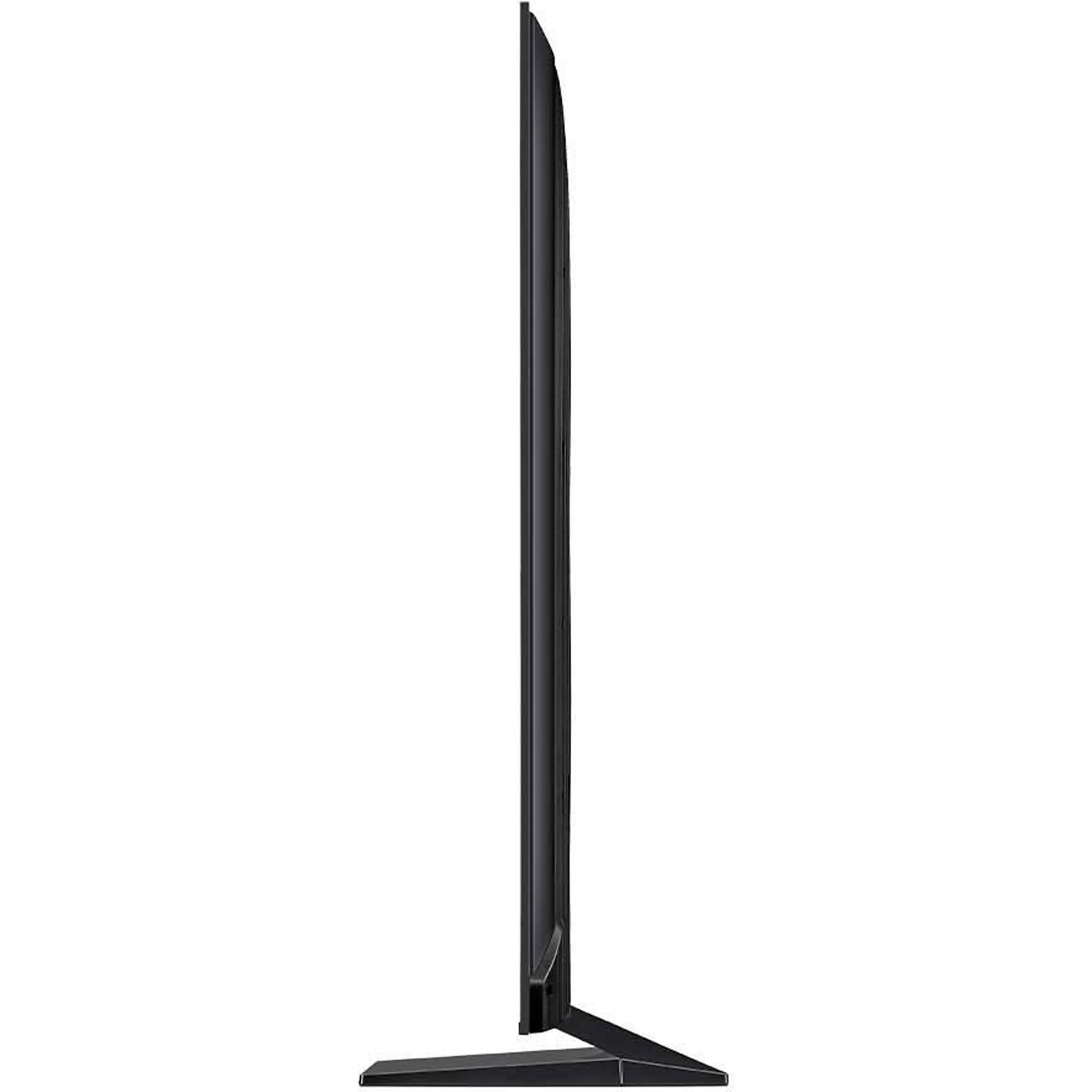 Schwarzer Fernseher im Seitenprofil mit schmalem Standfuß auf weißem Hintergrund.