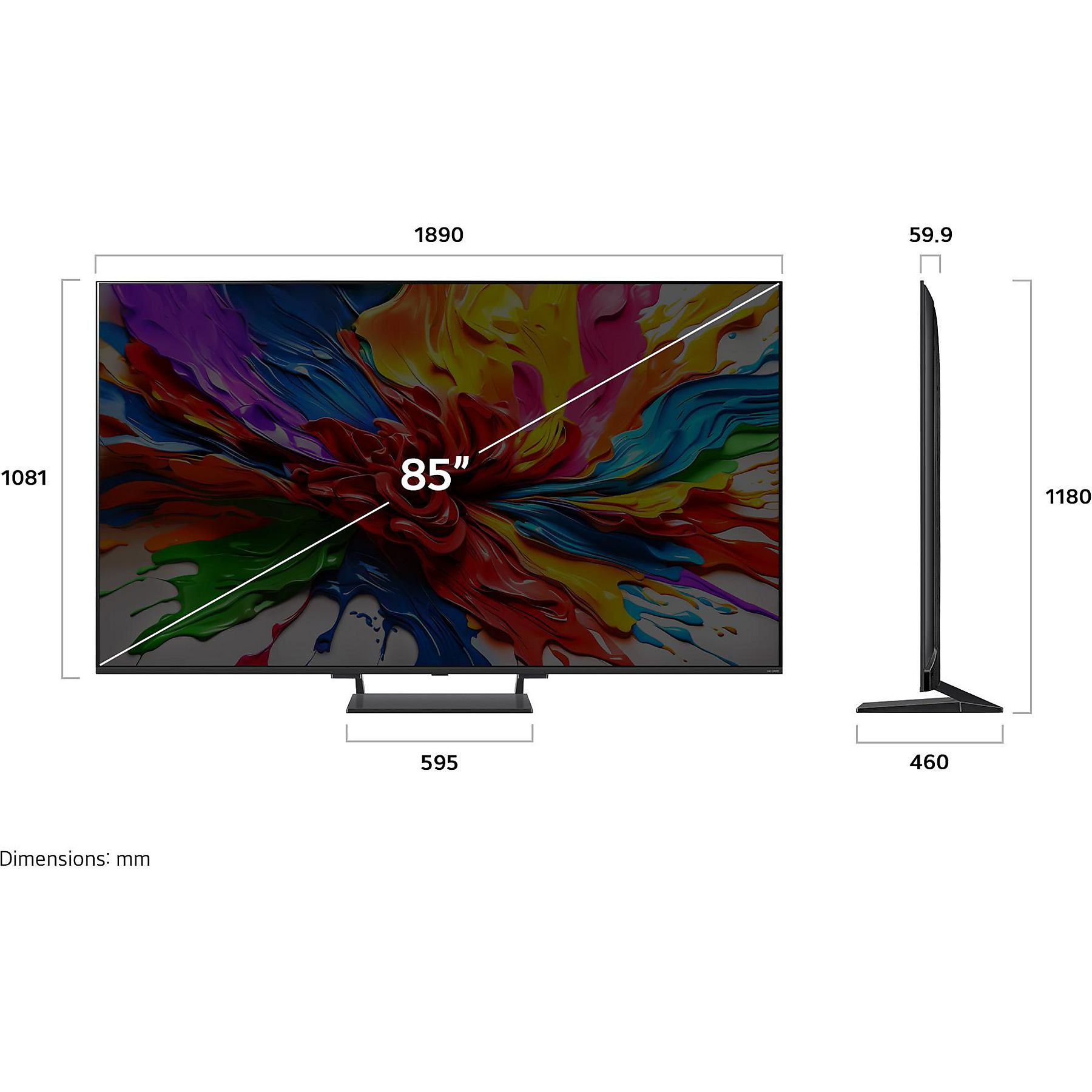 Ein 85-Zoll-Fernseher mit einem bunten, abstrakten Bild und Maßen.