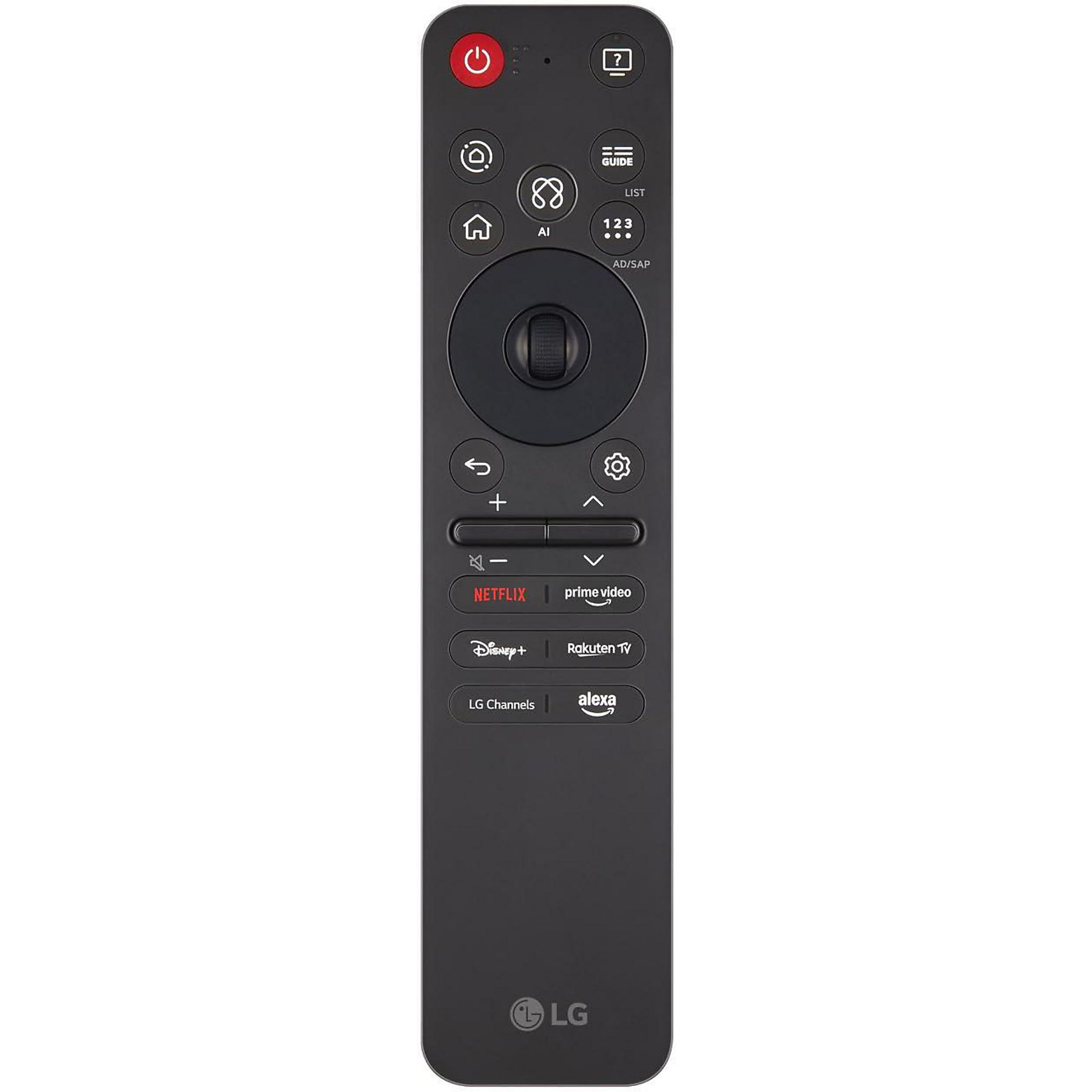 Schwarze LG Fernbedienung mit vielen Tasten, darunter Power, Navigation und Streaming-Dienste.