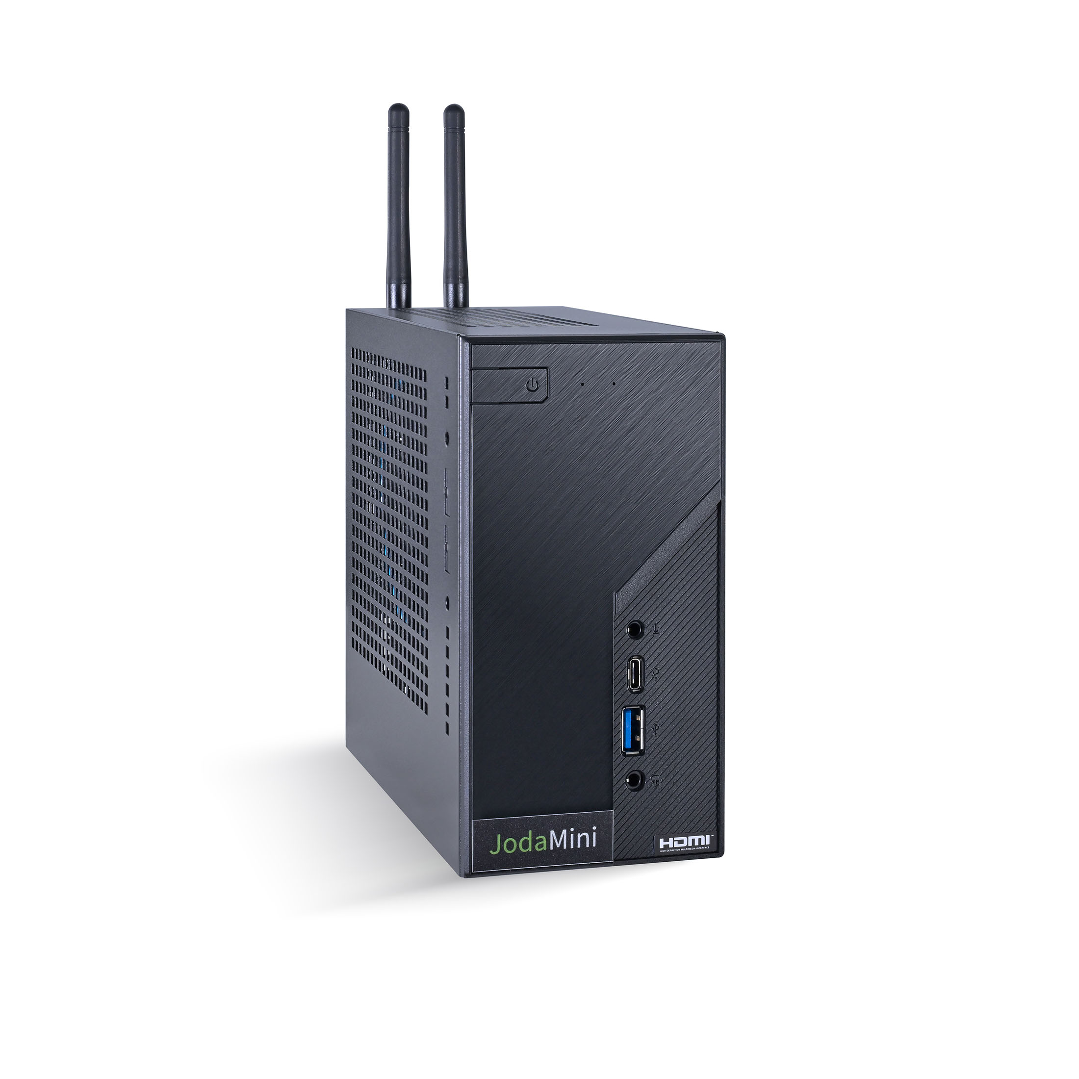 Schwarzer Mini-PC mit zwei Antennen, Anschlüssen und 