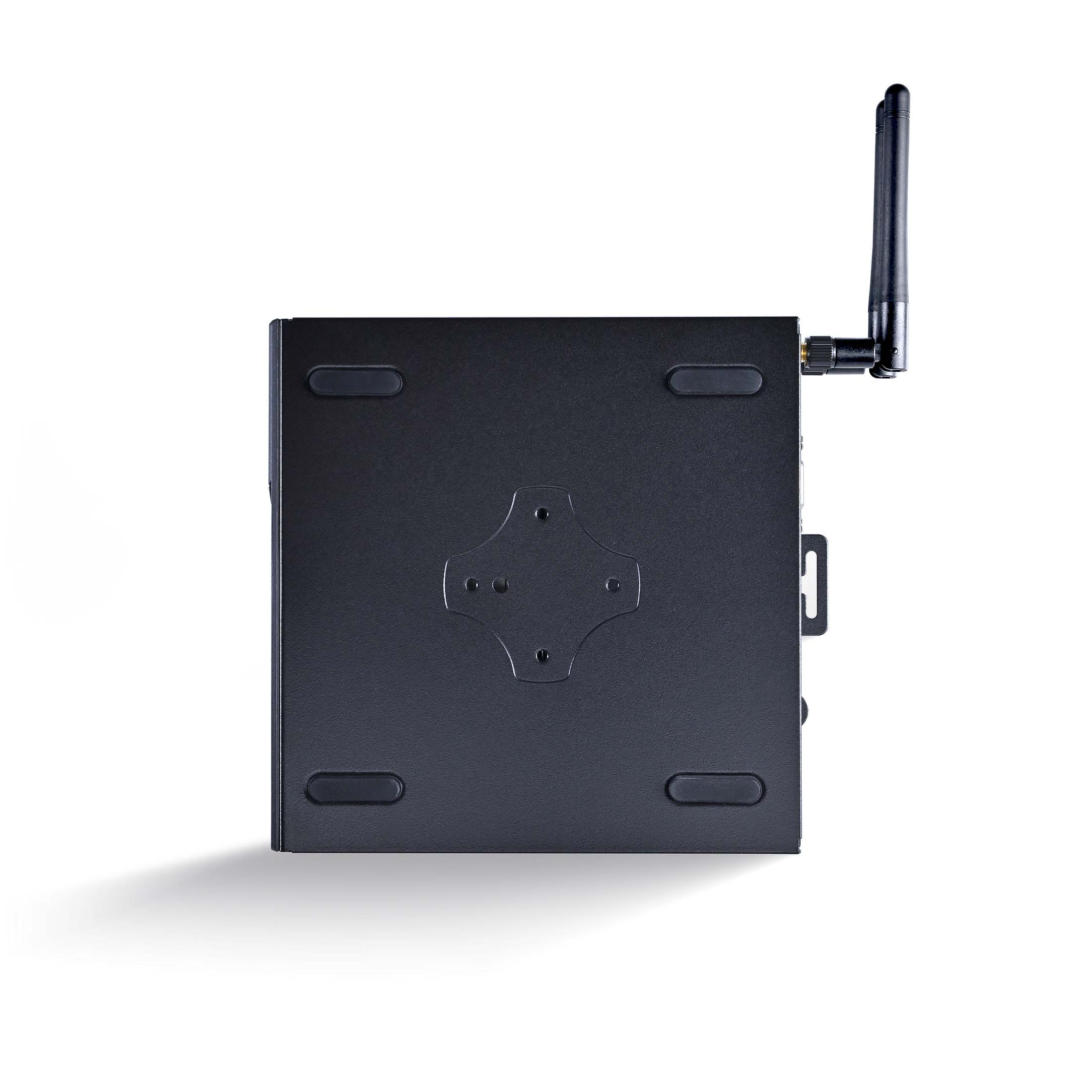 Schwarzes Gehäuse eines Computers mit zwei Antennen und einem Griff.