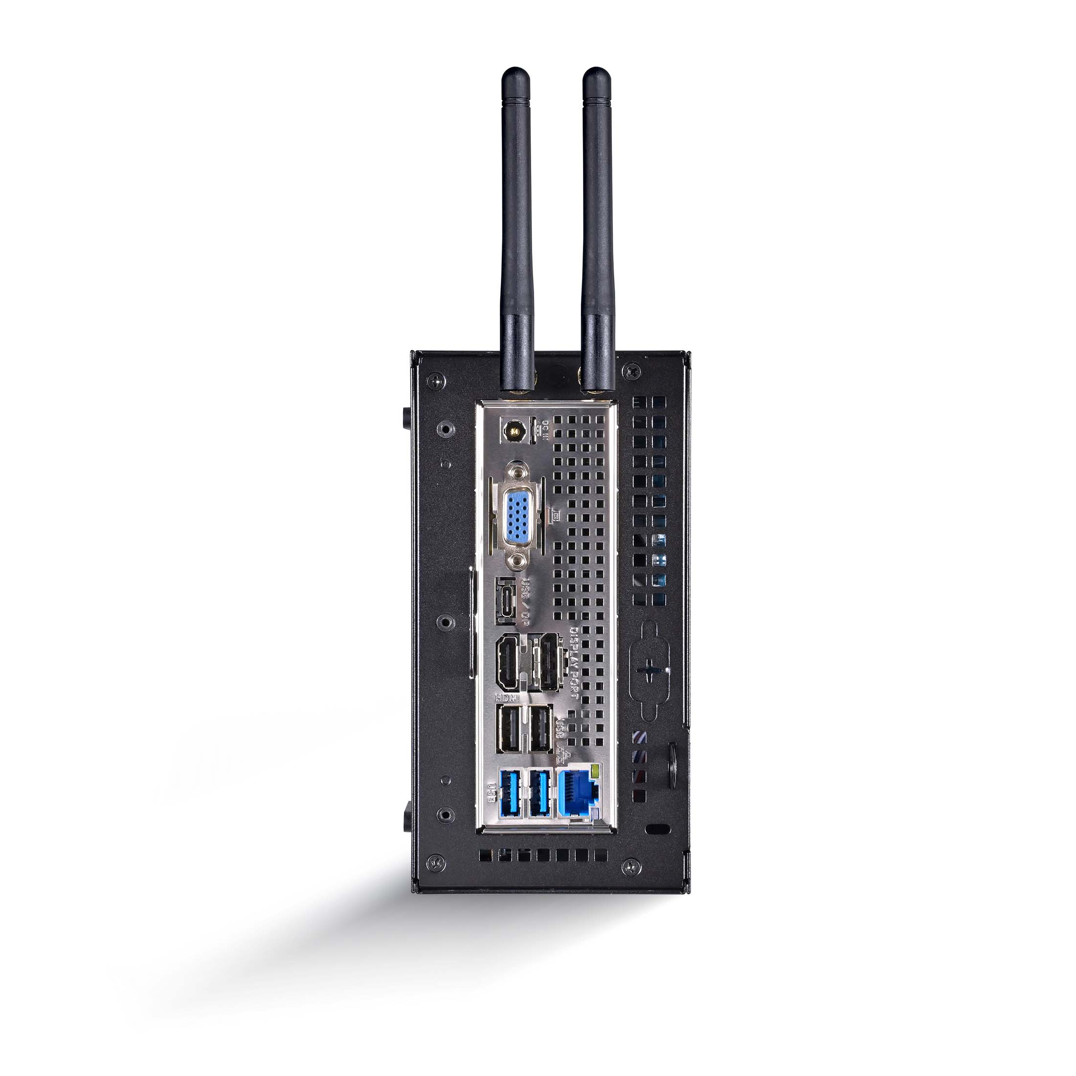 Rückseite eines schwarzen Computers mit zwei Antennen, VGA, HDMI, USB und Ethernet.