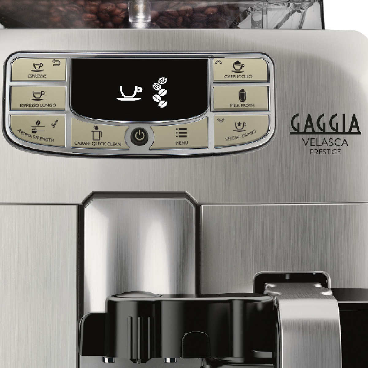 Gaggia Velasca Prestige koffiezetapparaat met bedieningspaneel en bonenreservoir.