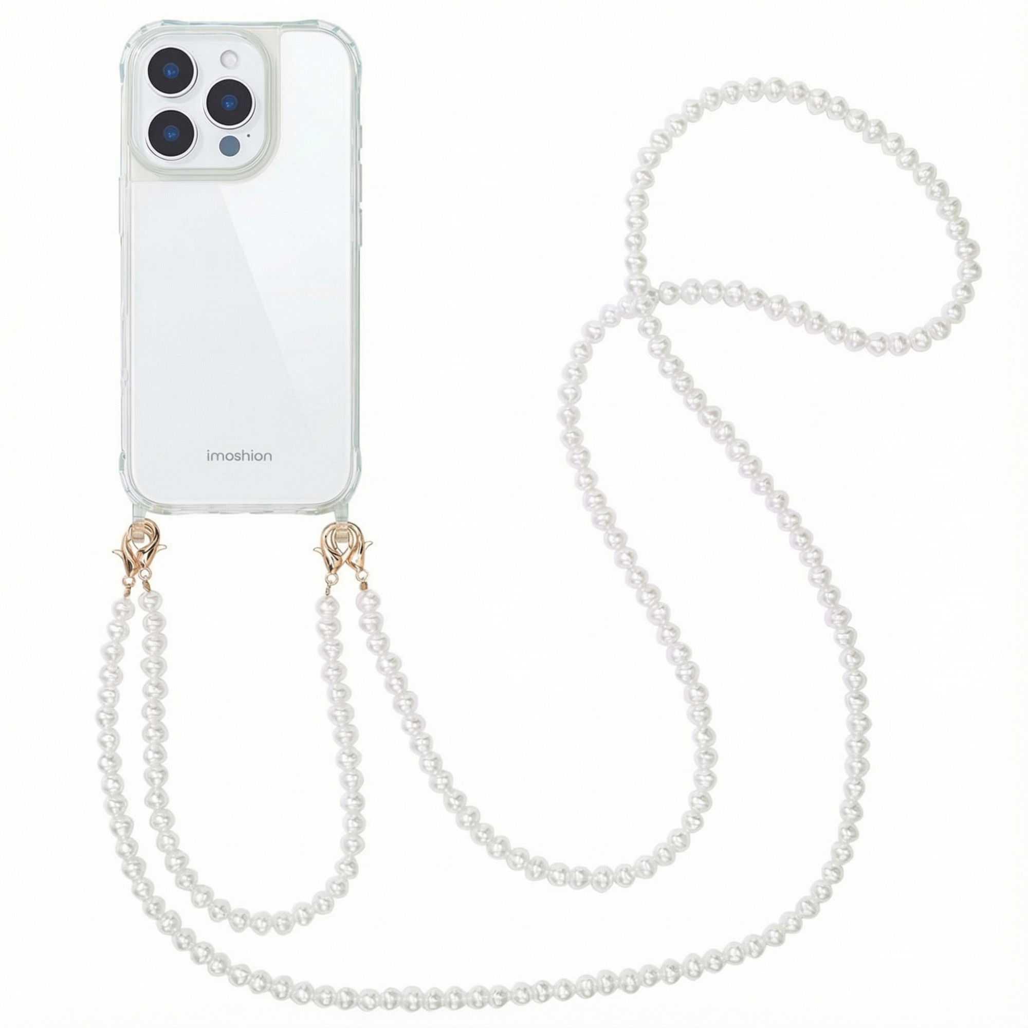 Una cover trasparente per iPhone con catena di perle.